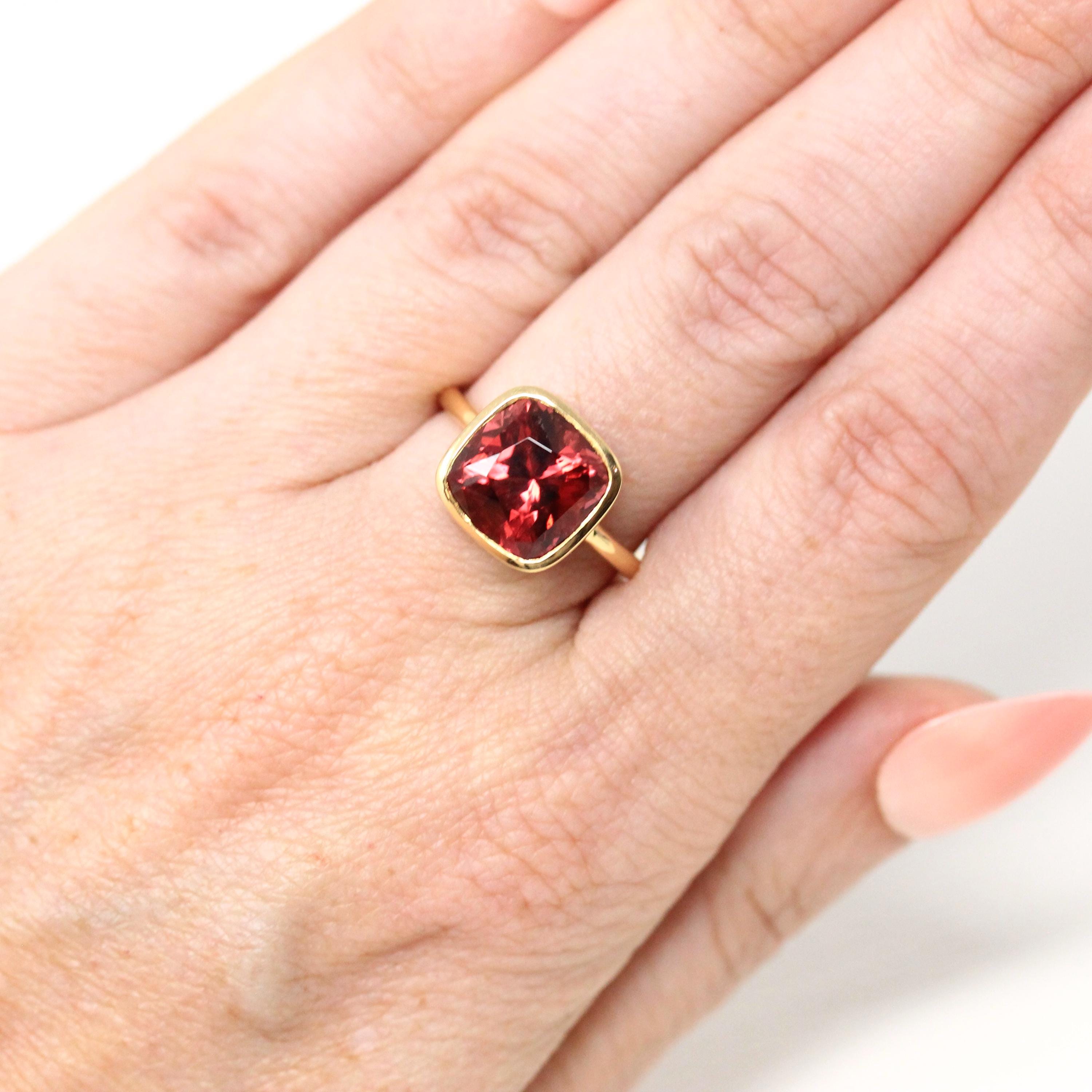 Pink Tourmaline Ring - 18k Yellow Gold Bezel Set Genuine 5.39 CT Gemstone - Modern Size 6 1/4 Statement Fine Cocktail Solitaire Jewelry
