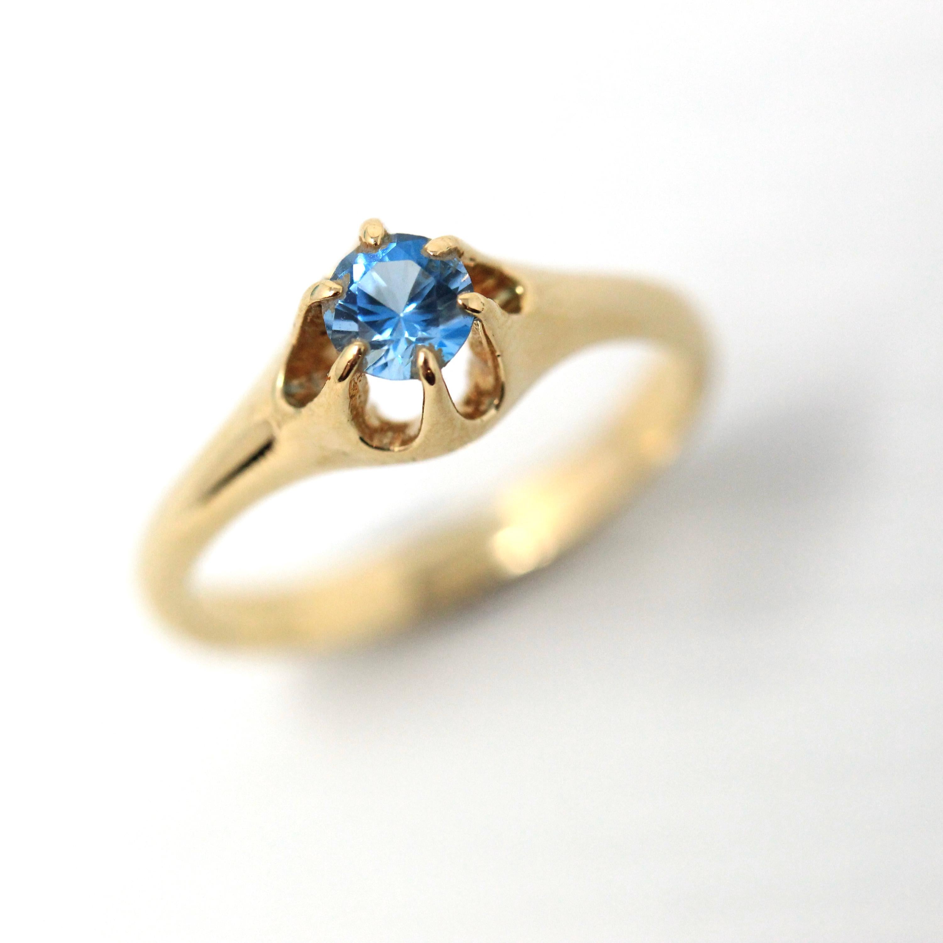 Blue Topaz Ring - Vintage 14k Yellow Gold Round Faceted Gemstone - Retro 1940s Era Size 5 Unisex Belcher Fine December Birthstone Jewelry