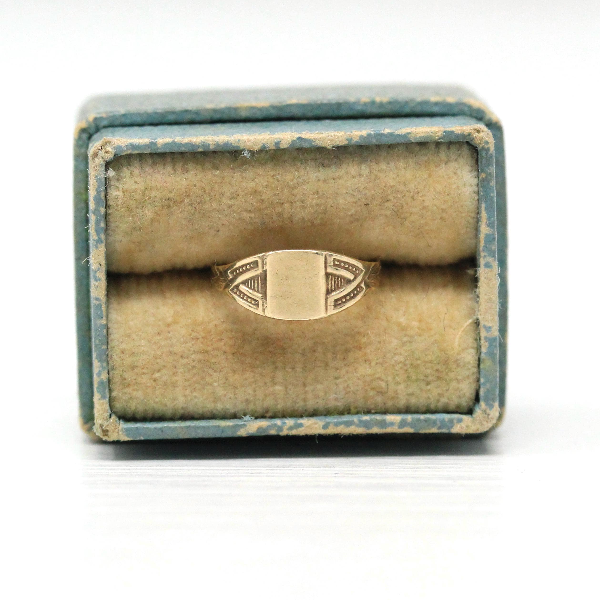 Blank Signet Ring - Edwardian 10k Yellow Gold Engrave Letters Initials Baby - Antique Circa 1910s Era Size 1 Personalize Fine OB Jewelry