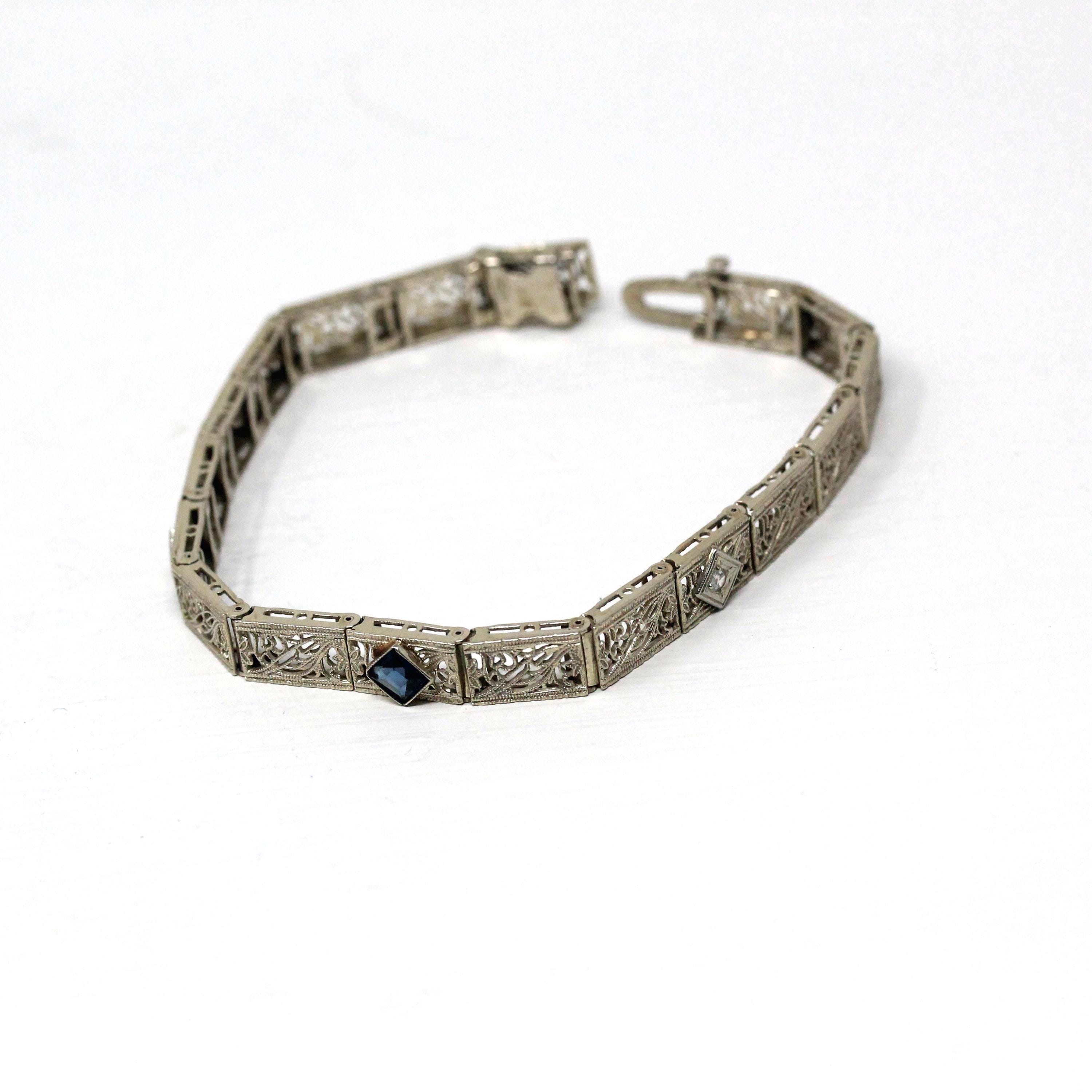 Art Deco Bracelet - Vintage 14k White Gold Filigree Genuine Diamond Gemstones - Vintage Circa 1930s Simulated Sapphire Tennis Fine Jewelry