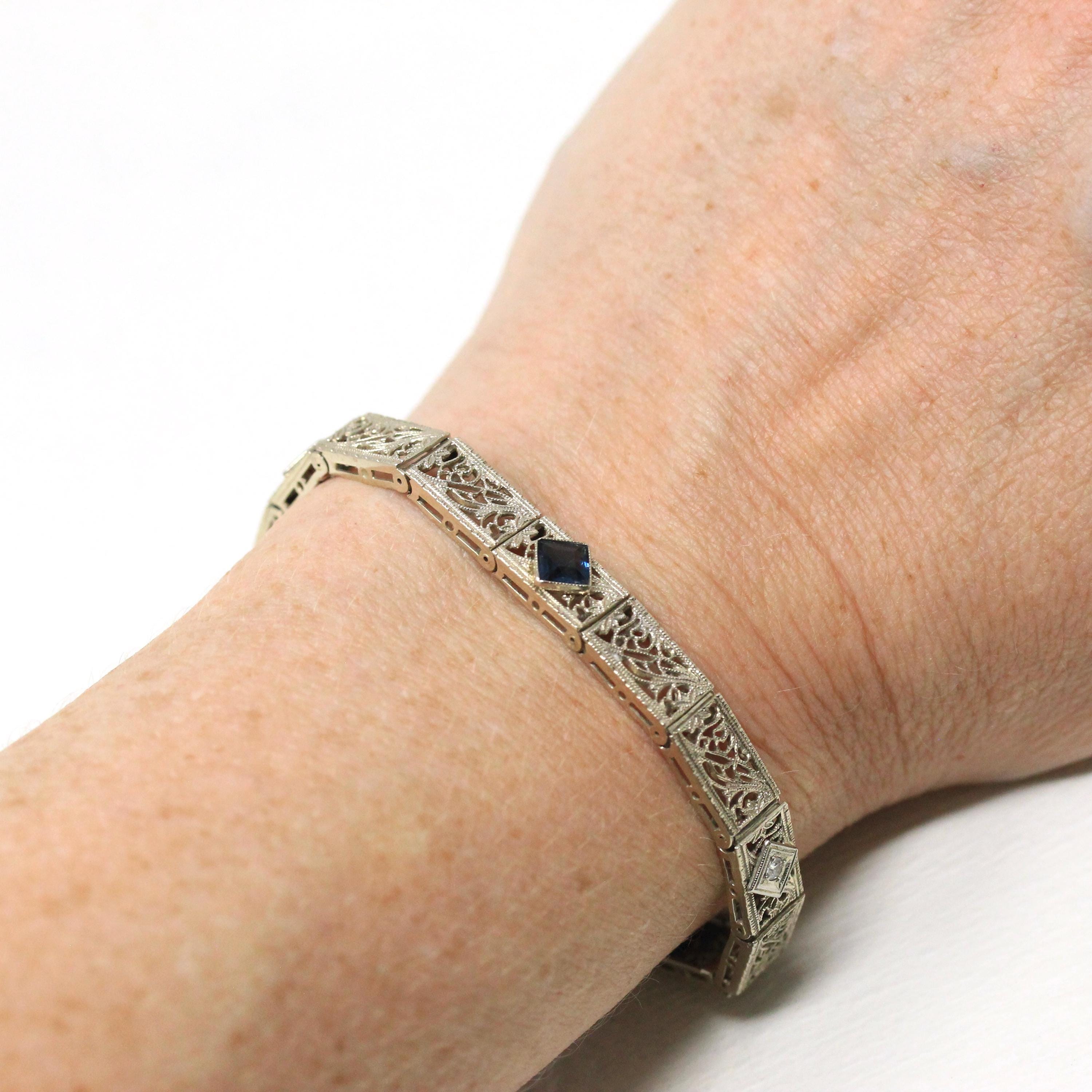 Art Deco Bracelet - Vintage 14k White Gold Filigree Genuine Diamond Gemstones - Vintage Circa 1930s Simulated Sapphire Tennis Fine Jewelry