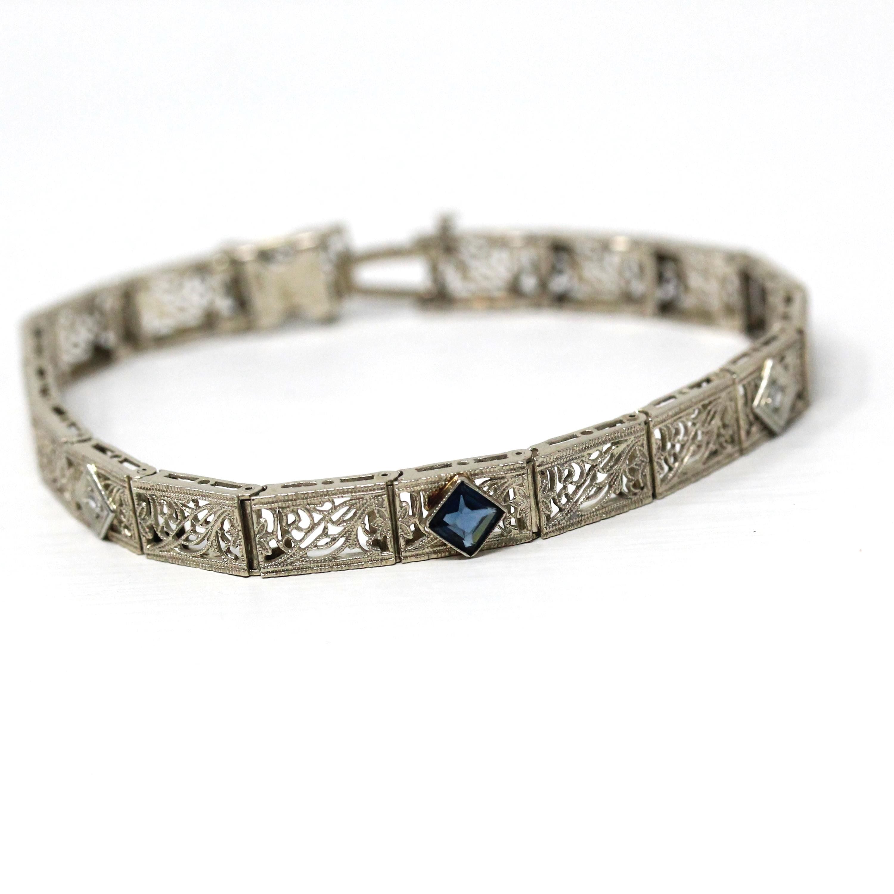 Art Deco Bracelet - Vintage 14k White Gold Filigree Genuine Diamond Gemstones - Vintage Circa 1930s Simulated Sapphire Tennis Fine Jewelry