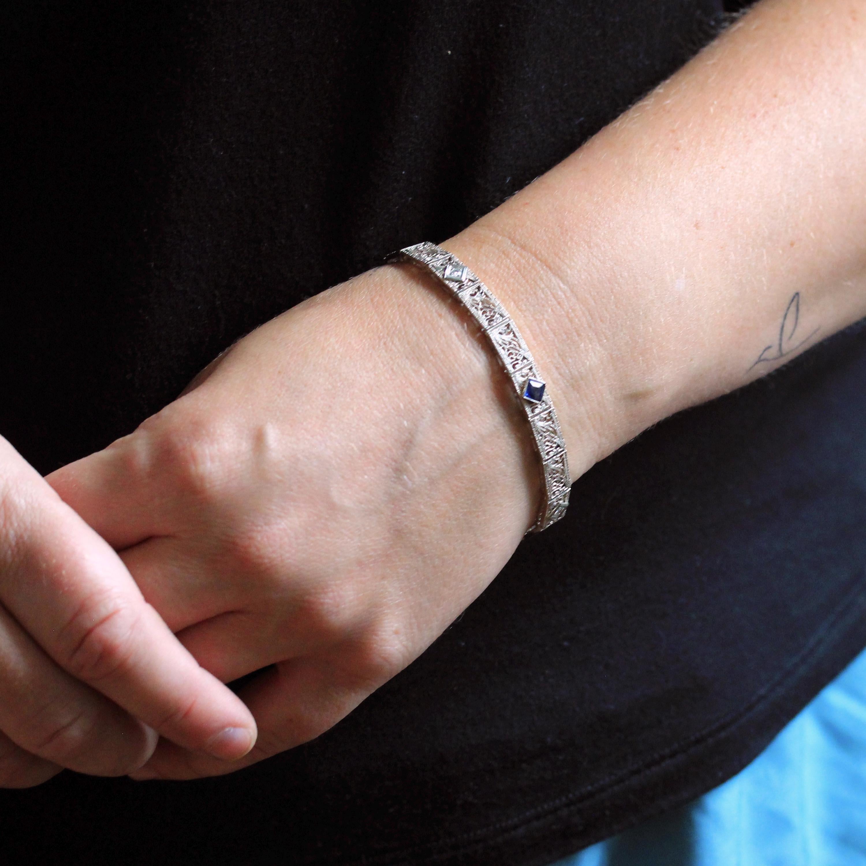 Art Deco Bracelet - Vintage 14k White Gold Filigree Genuine Diamond Gemstones - Vintage Circa 1930s Simulated Sapphire Tennis Fine Jewelry