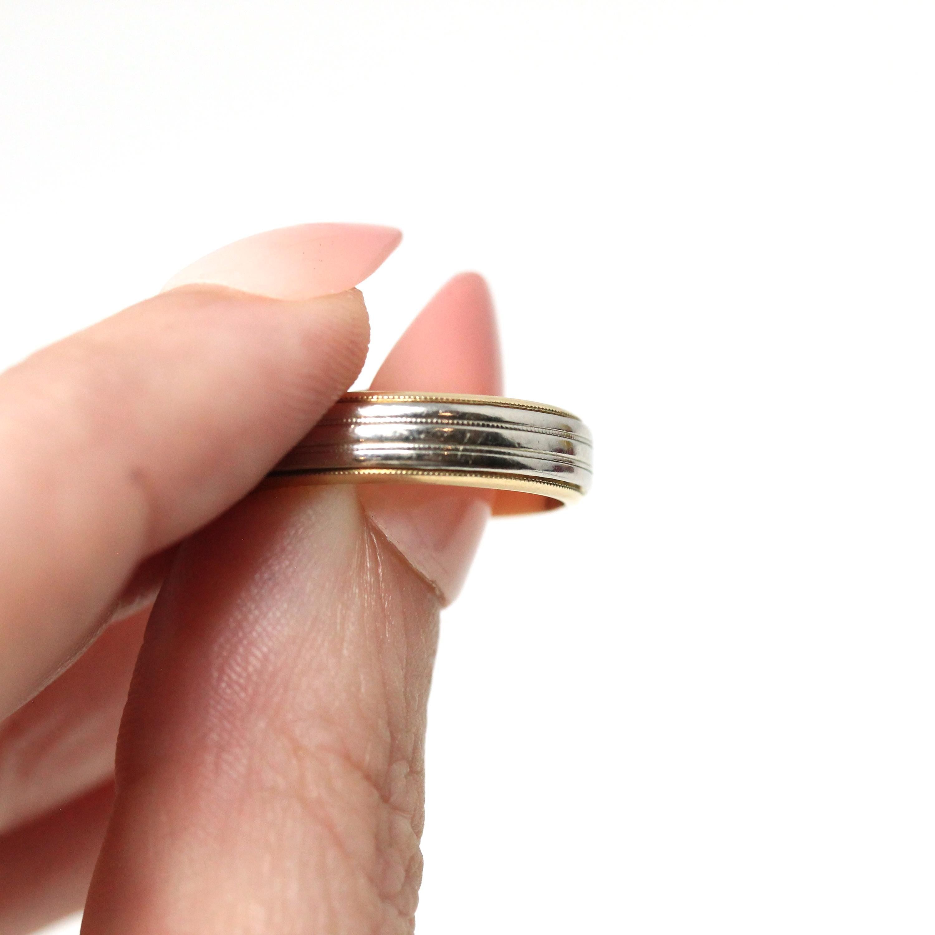 Dated 1952 Band - Modern 14k Yellow & White Gold Milgrain Cigar Style - Vintage Size 5.5 Two Tone Fine Precious Engraved Wedding Jewelry