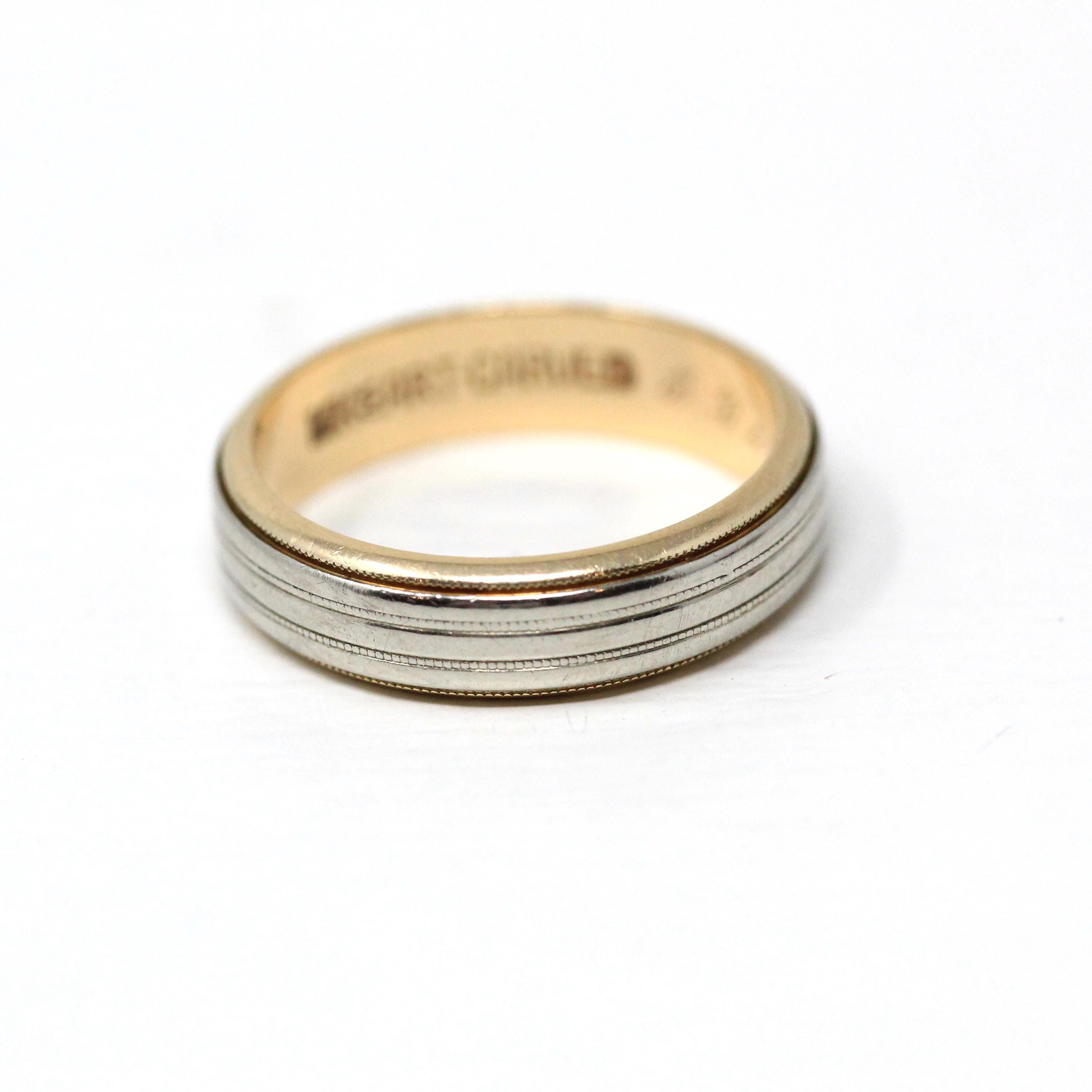 Dated 1952 Band - Modern 14k Yellow & White Gold Milgrain Cigar Style - Vintage Size 5.5 Two Tone Fine Precious Engraved Wedding Jewelry