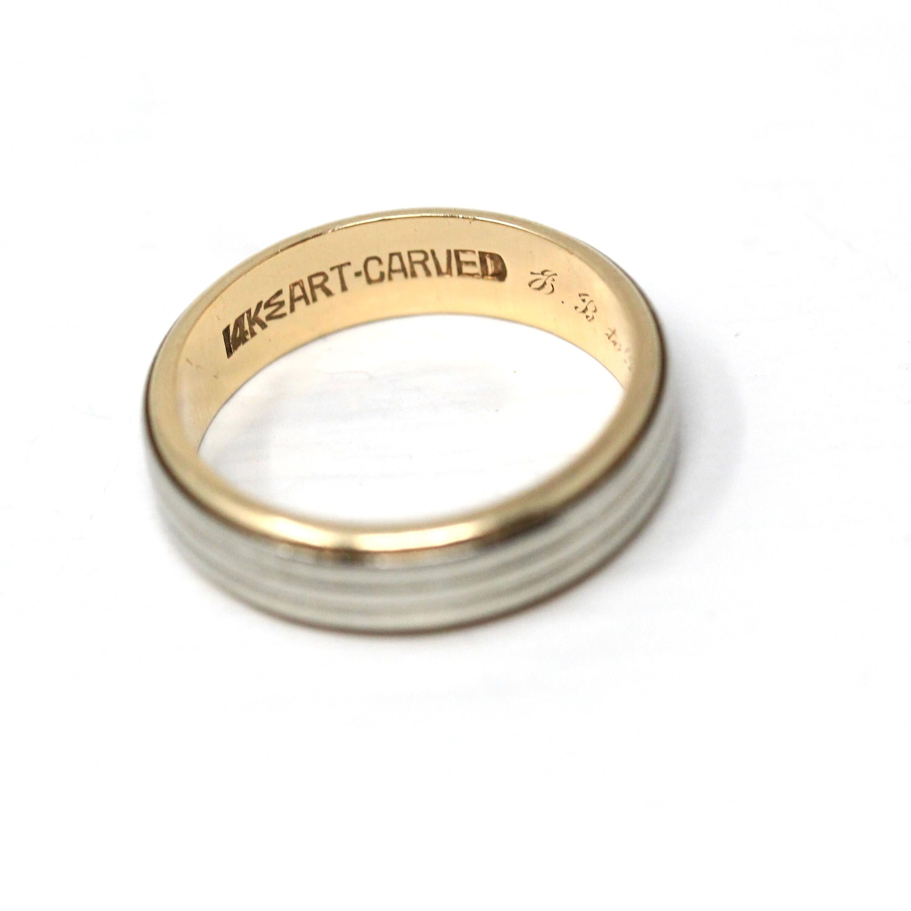 Dated 1952 Band - Modern 14k Yellow & White Gold Milgrain Cigar Style - Vintage Size 5.5 Two Tone Fine Precious Engraved Wedding Jewelry