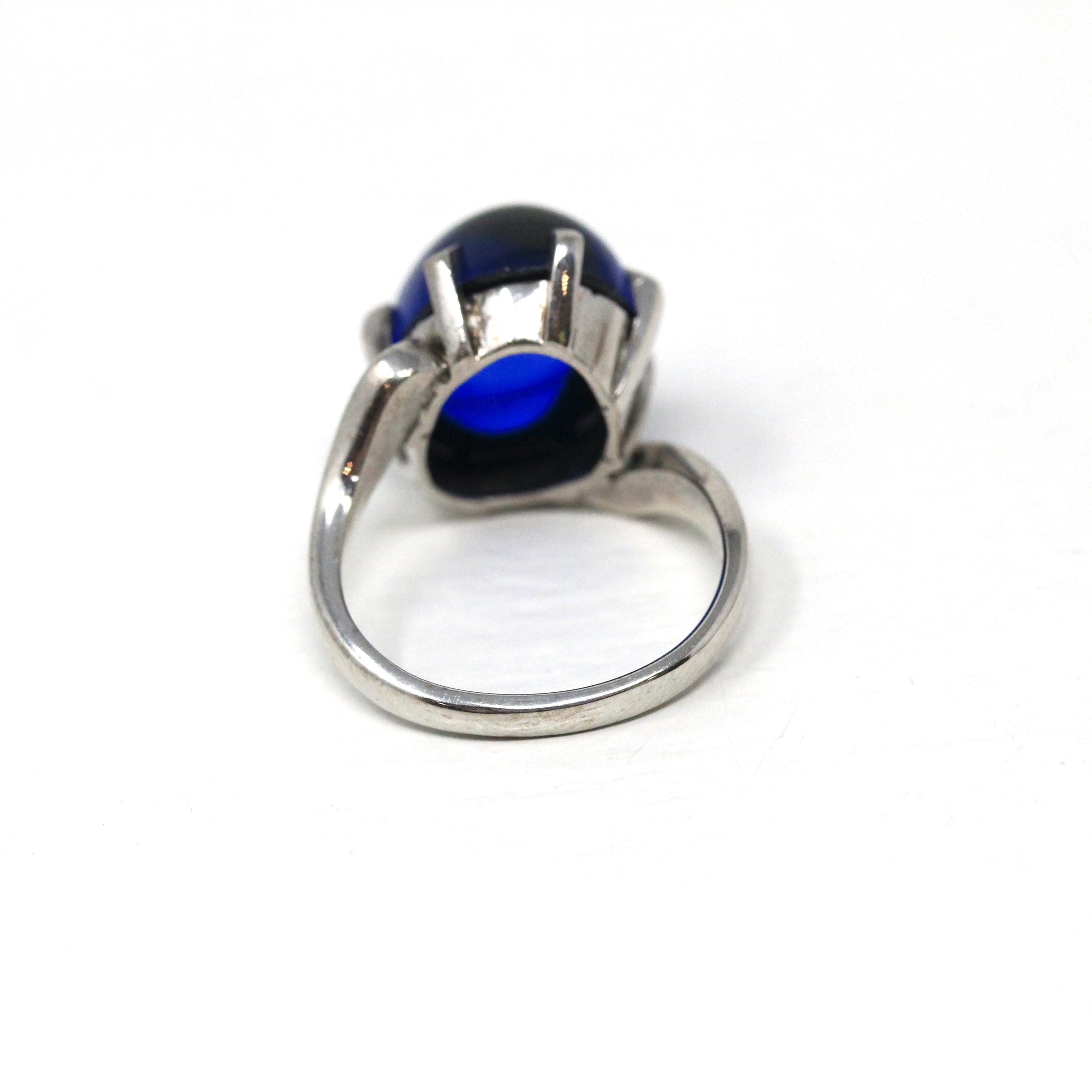 Created Spinel Ring - Retro 10k White Gold Oval Cabochon Blue Gemstone - Vintage Circa 1960s Era Size 5 Bypass Statement Fine 60s Jewelry