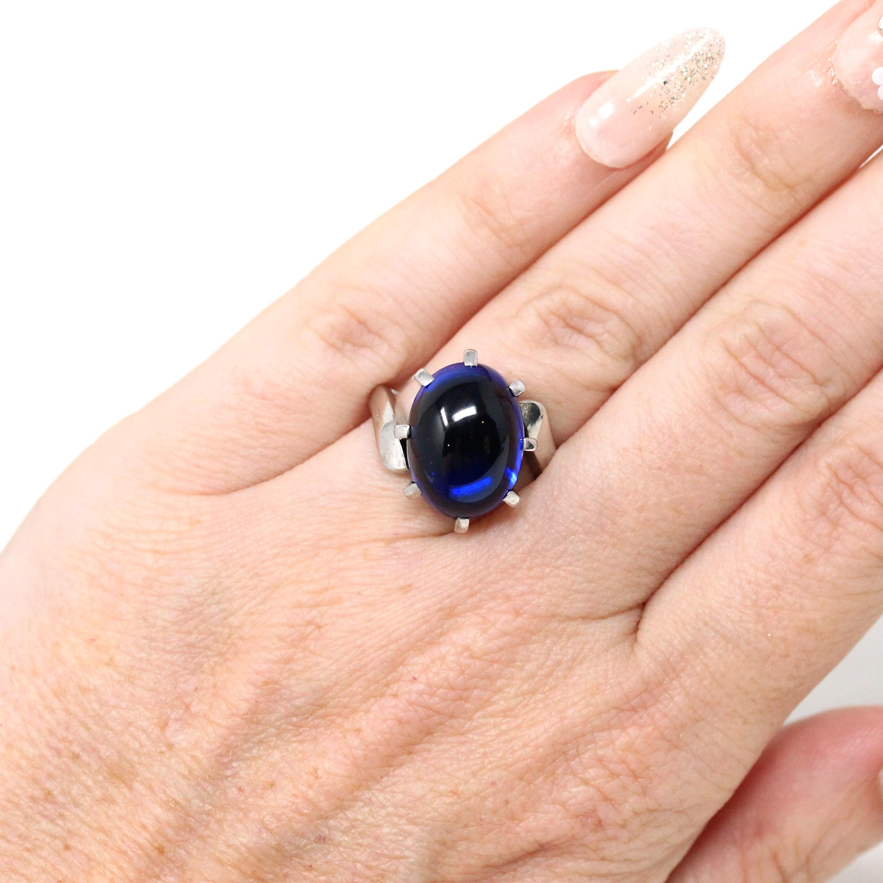 Created Spinel Ring - Retro 10k White Gold Oval Cabochon Blue Gemstone - Vintage Circa 1960s Era Size 5 Bypass Statement Fine 60s Jewelry