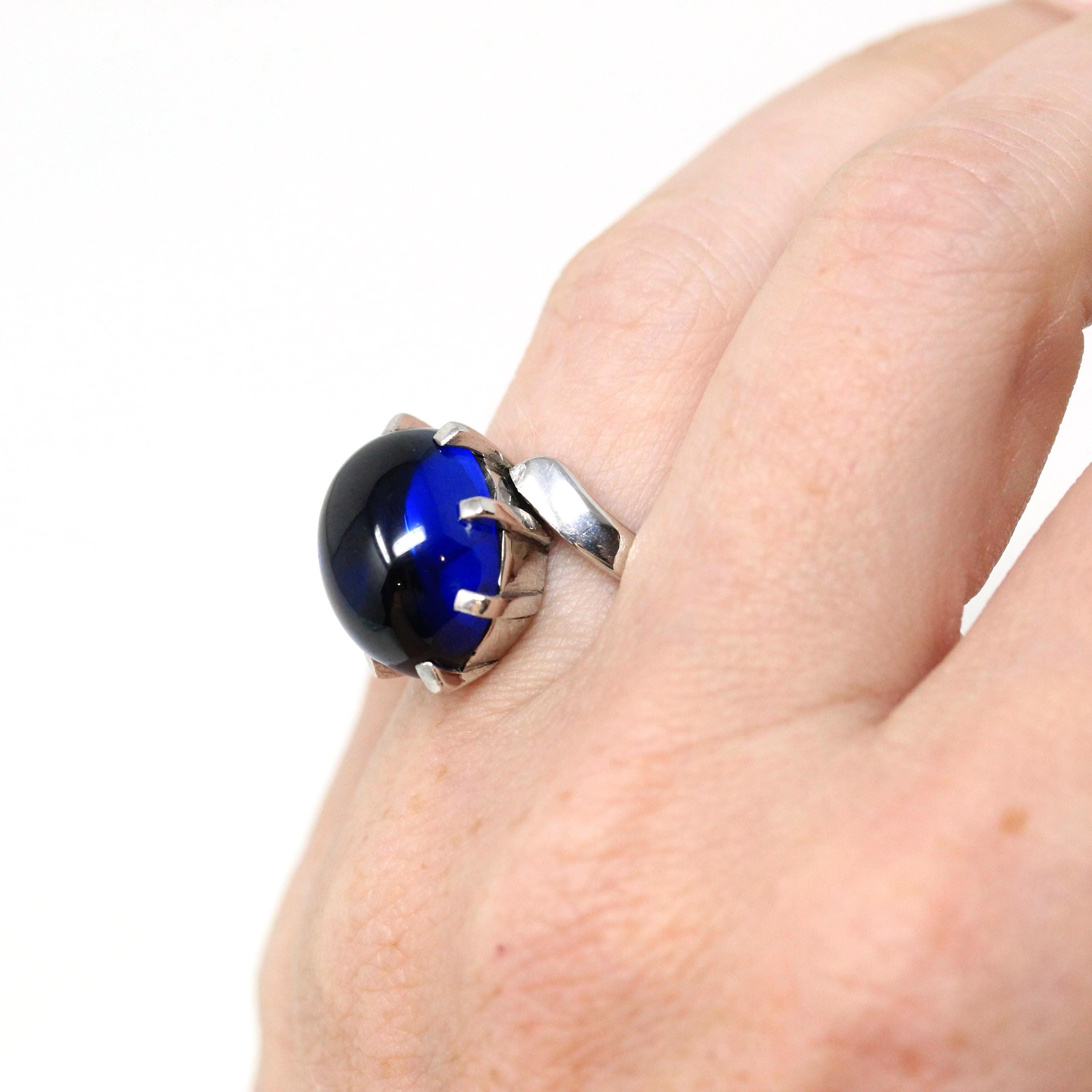 Created Spinel Ring - Retro 10k White Gold Oval Cabochon Blue Gemstone - Vintage Circa 1960s Era Size 5 Bypass Statement Fine 60s Jewelry