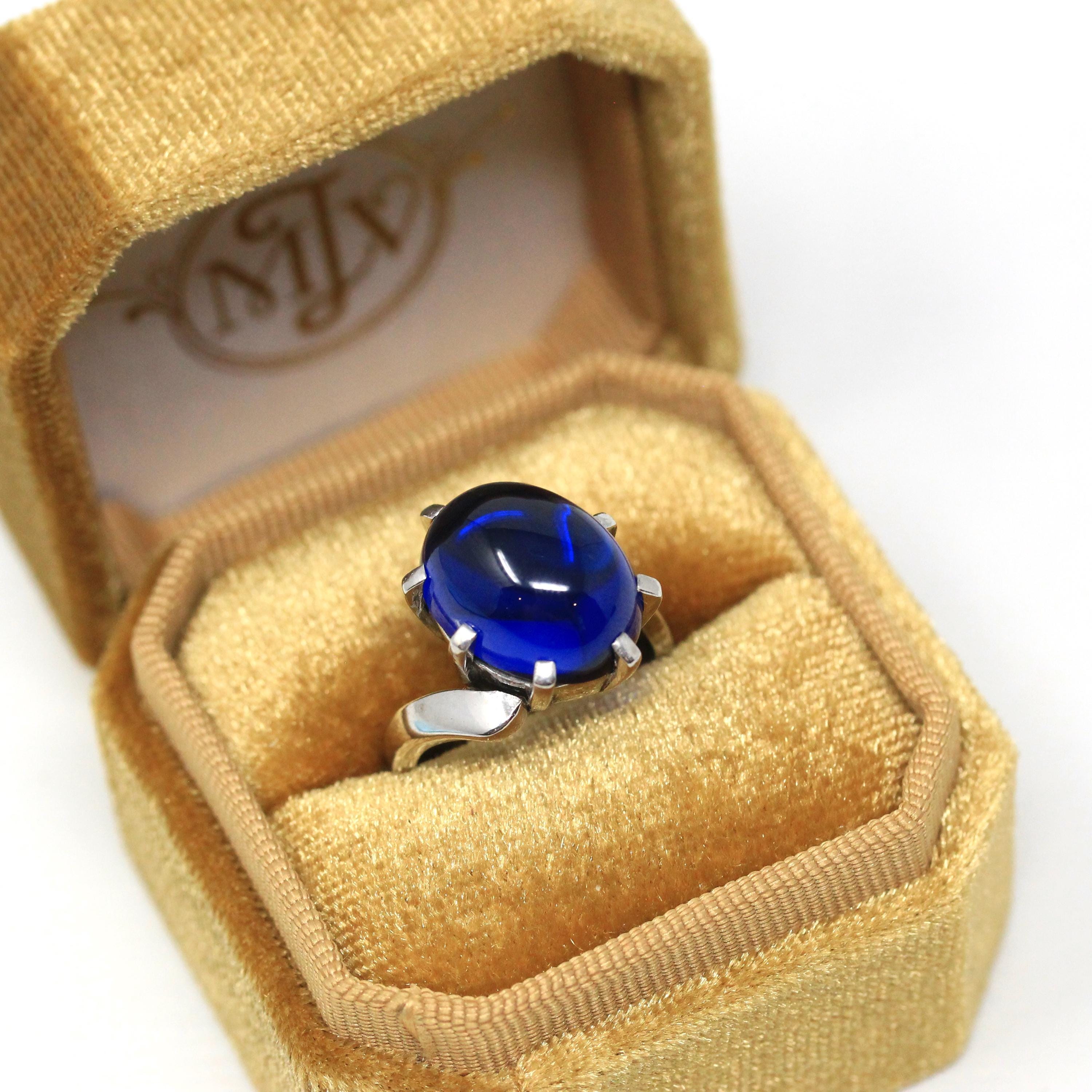 Created Spinel Ring - Retro 10k White Gold Oval Cabochon Blue Gemstone - Vintage Circa 1960s Era Size 5 Bypass Statement Fine 60s Jewelry