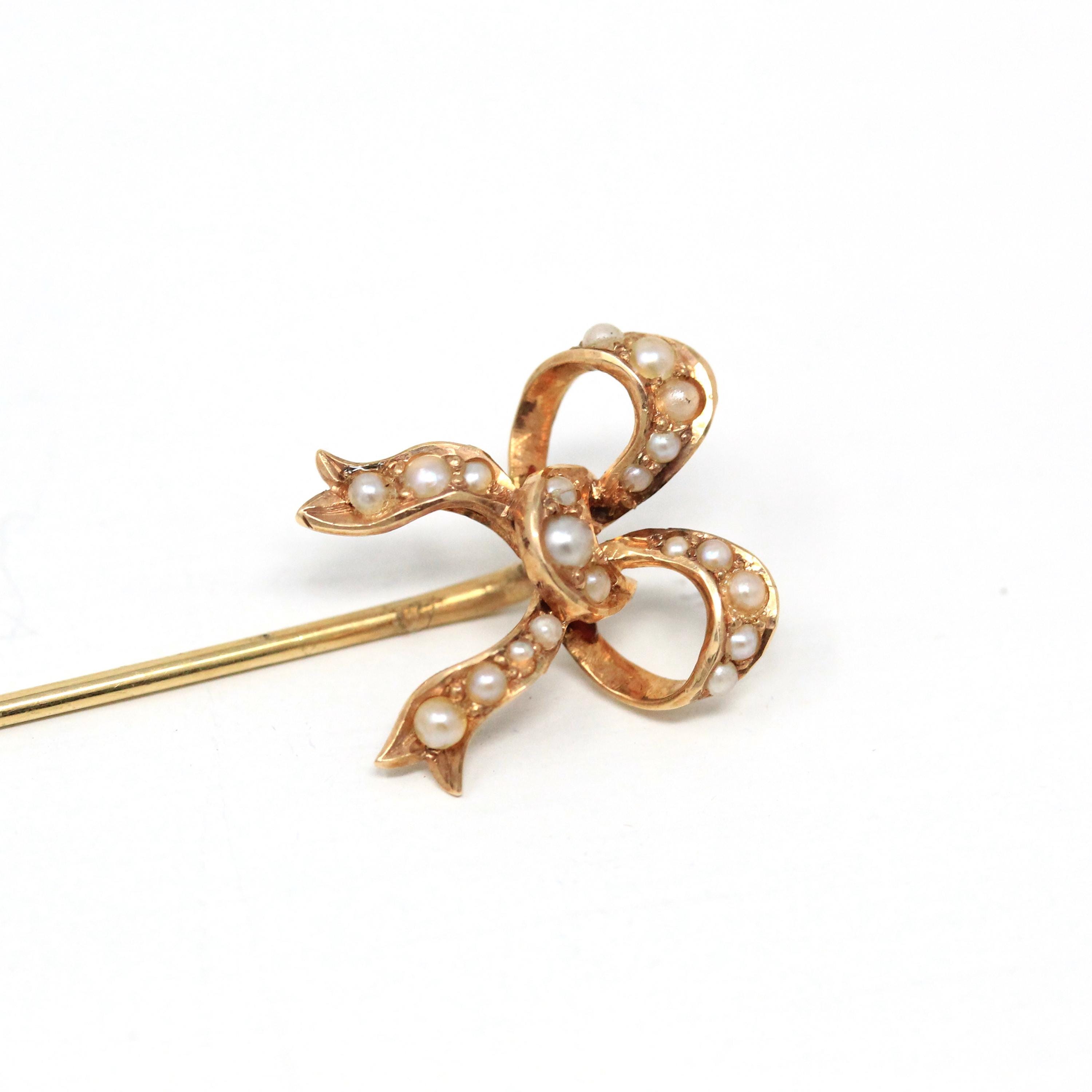 Antique Bow Stick Pin - Edwardian 14k Rose Gold Genuine Seed Pearl Gemstones - Vintage 1900s Era Unisex Tie Neckwear Dainty Fine Jewelry