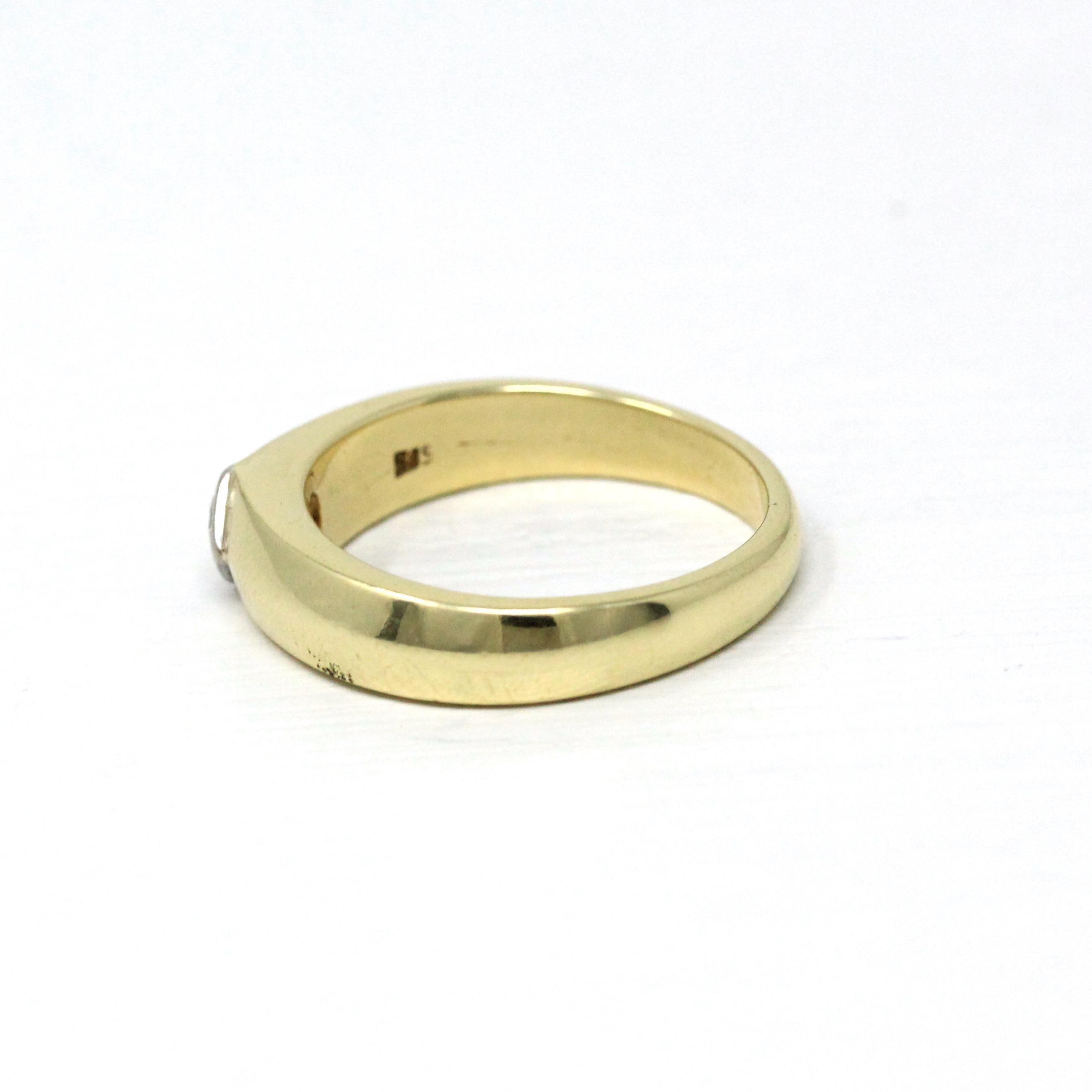 Genuine Diamond Ring - Estate 14k Yellow & White Gold Single Gemstone Tapered Band - Modern Size 10 Unisex Men's Wedding Two Tone Jewelry