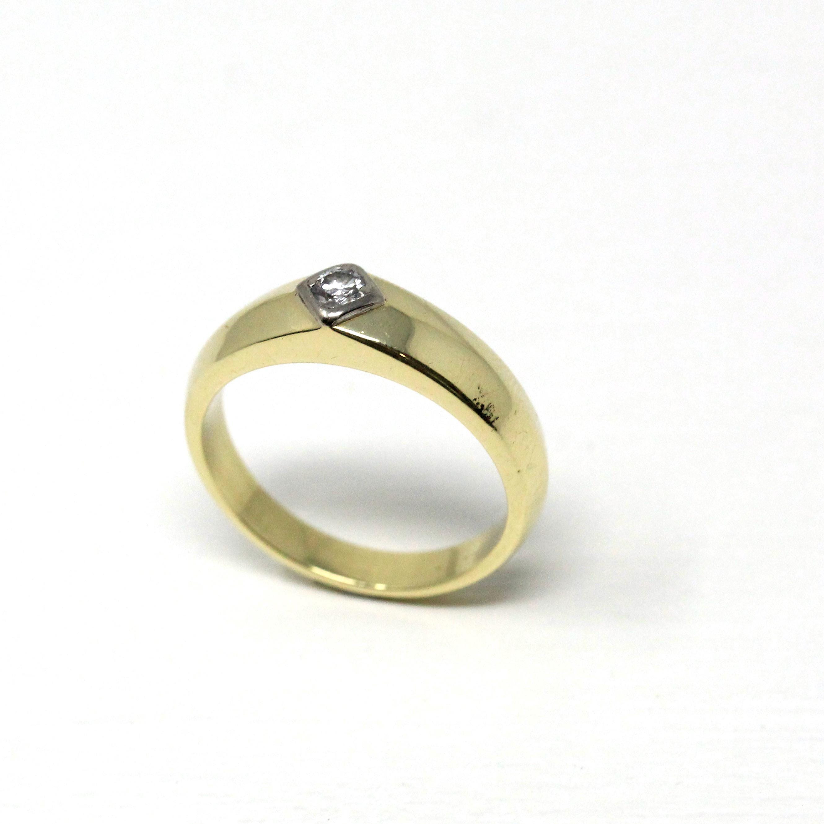 Genuine Diamond Ring - Estate 14k Yellow & White Gold Single Gemstone Tapered Band - Modern Size 10 Unisex Men's Wedding Two Tone Jewelry