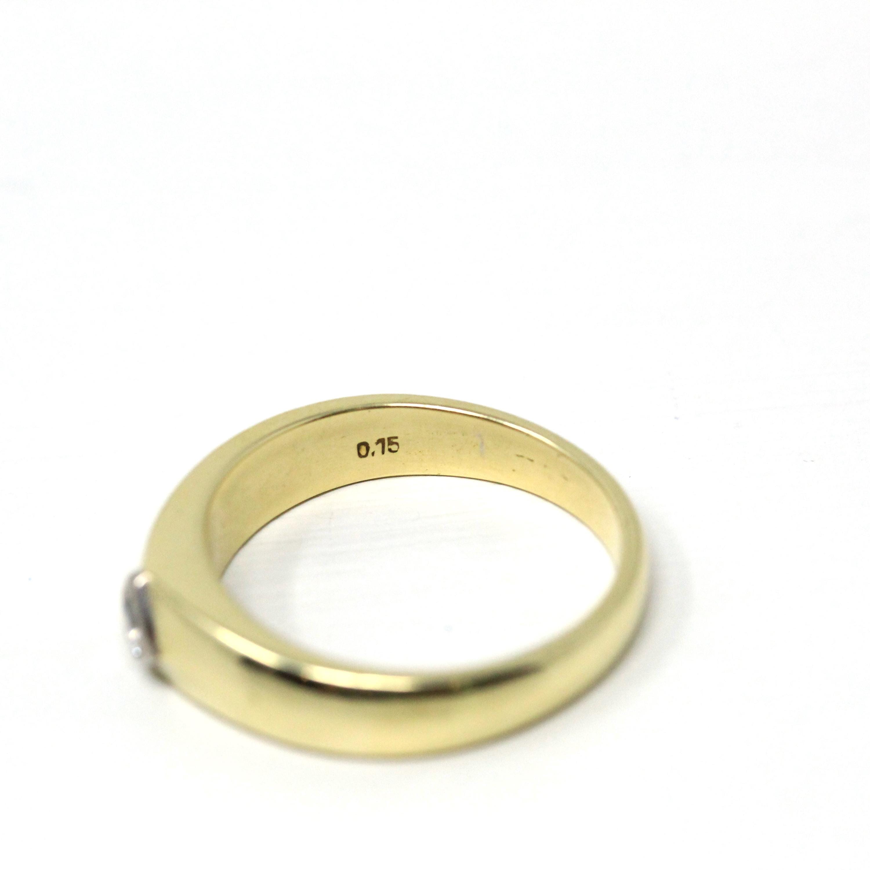 Genuine Diamond Ring - Estate 14k Yellow & White Gold Single Gemstone Tapered Band - Modern Size 10 Unisex Men's Wedding Two Tone Jewelry