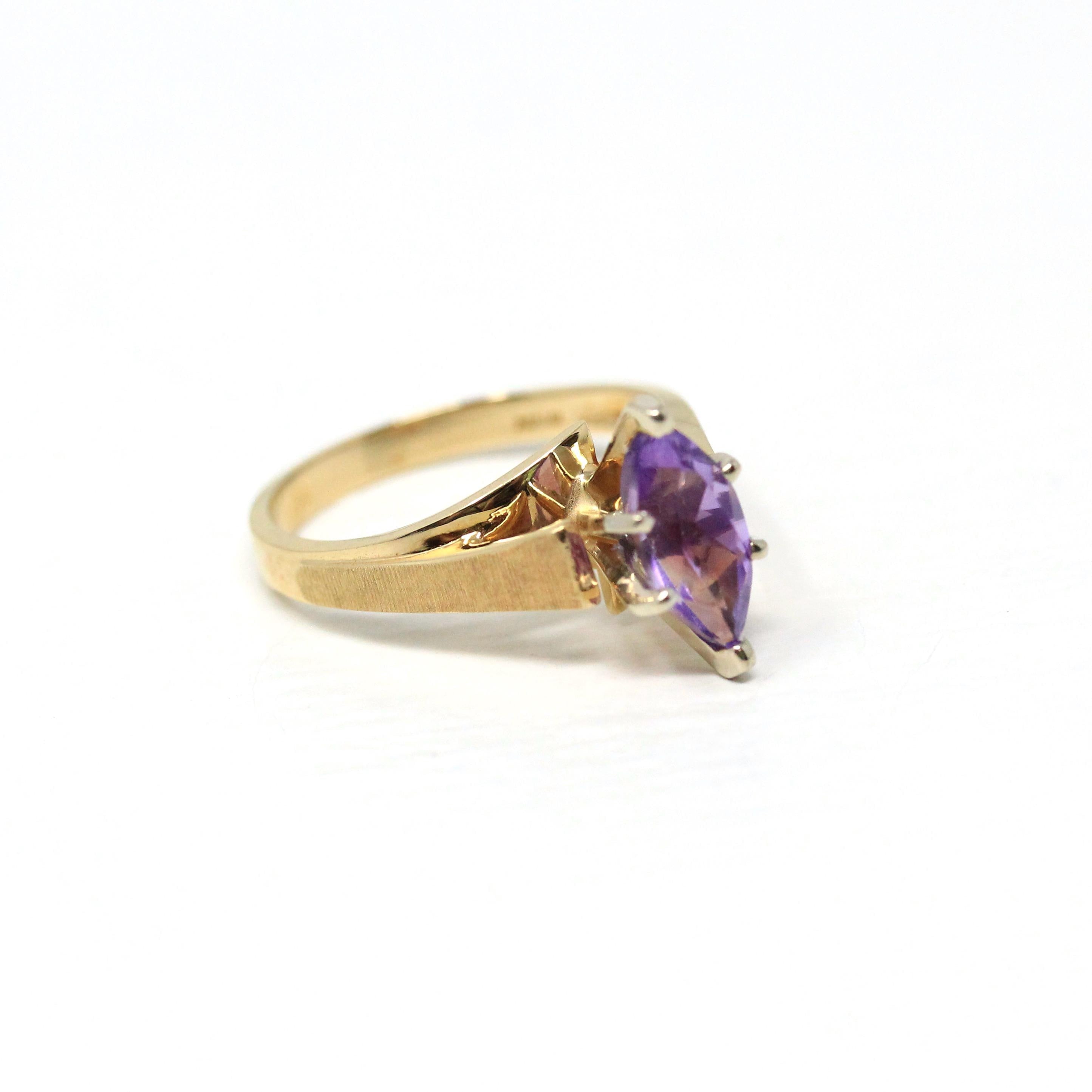 Genuine Amethyst Ring - Estate 14k Yellow Gold Marquise Cut Purple Gemstone - Vintage 1990s Size 6 February Birthstone Bypass Fine Jewelry
