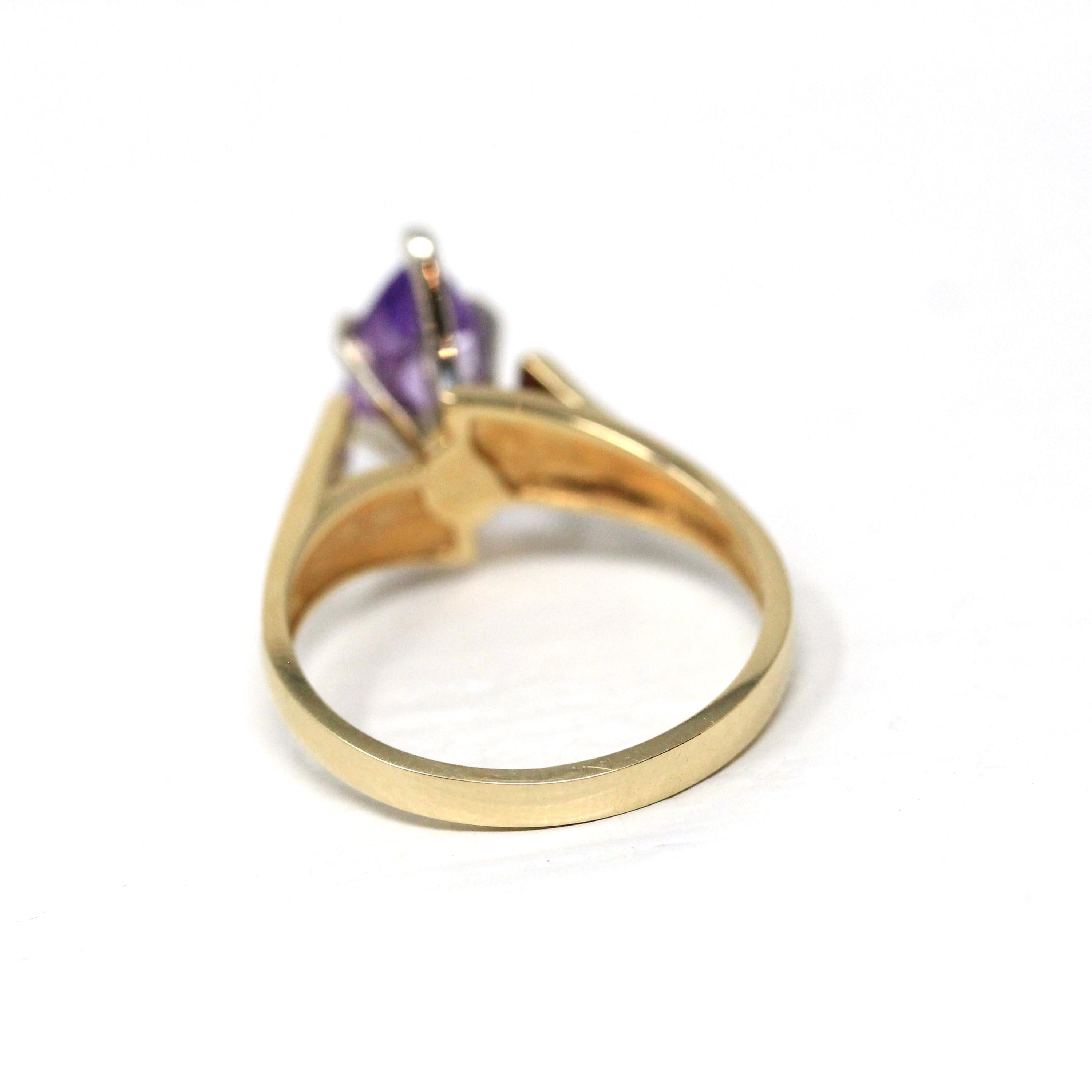 Genuine Amethyst Ring - Estate 14k Yellow Gold Marquise Cut Purple Gemstone - Vintage 1990s Size 6 February Birthstone Bypass Fine Jewelry