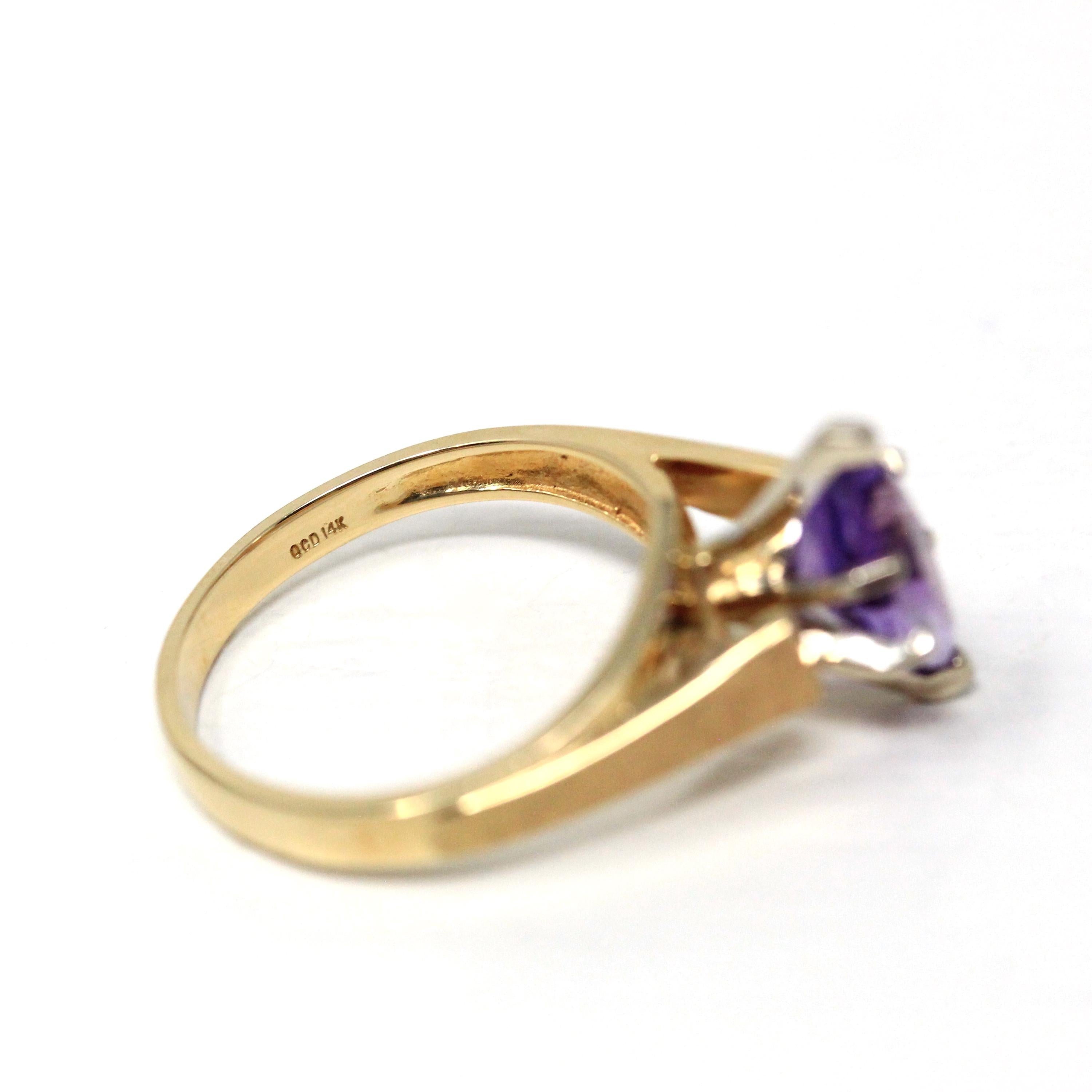 Genuine Amethyst Ring - Estate 14k Yellow Gold Marquise Cut Purple Gemstone - Vintage 1990s Size 6 February Birthstone Bypass Fine Jewelry