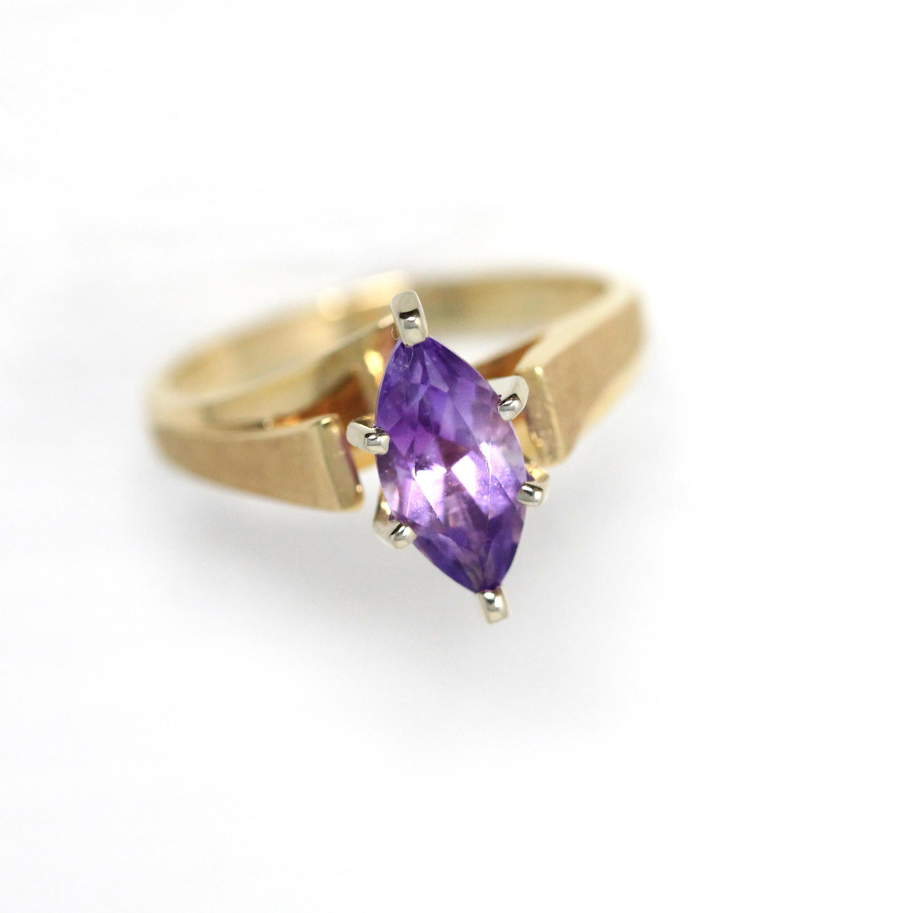 Genuine Amethyst Ring - Estate 14k Yellow Gold Marquise Cut Purple Gemstone - Vintage 1990s Size 6 February Birthstone Bypass Fine Jewelry