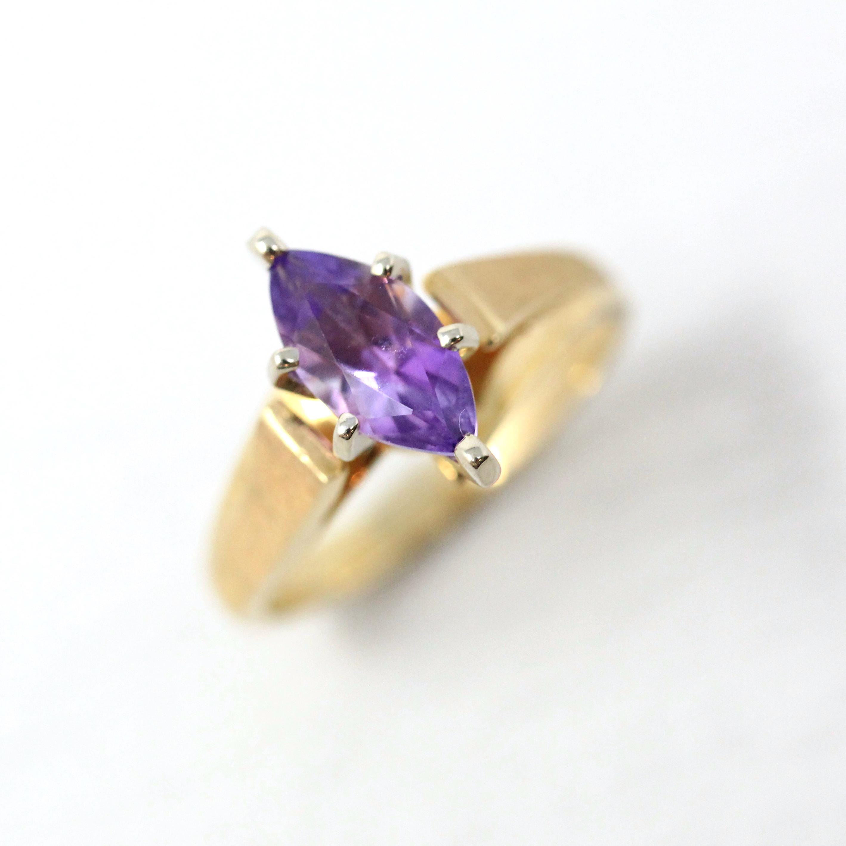 Genuine Amethyst Ring - Estate 14k Yellow Gold Marquise Cut Purple Gemstone - Vintage 1990s Size 6 February Birthstone Bypass Fine Jewelry