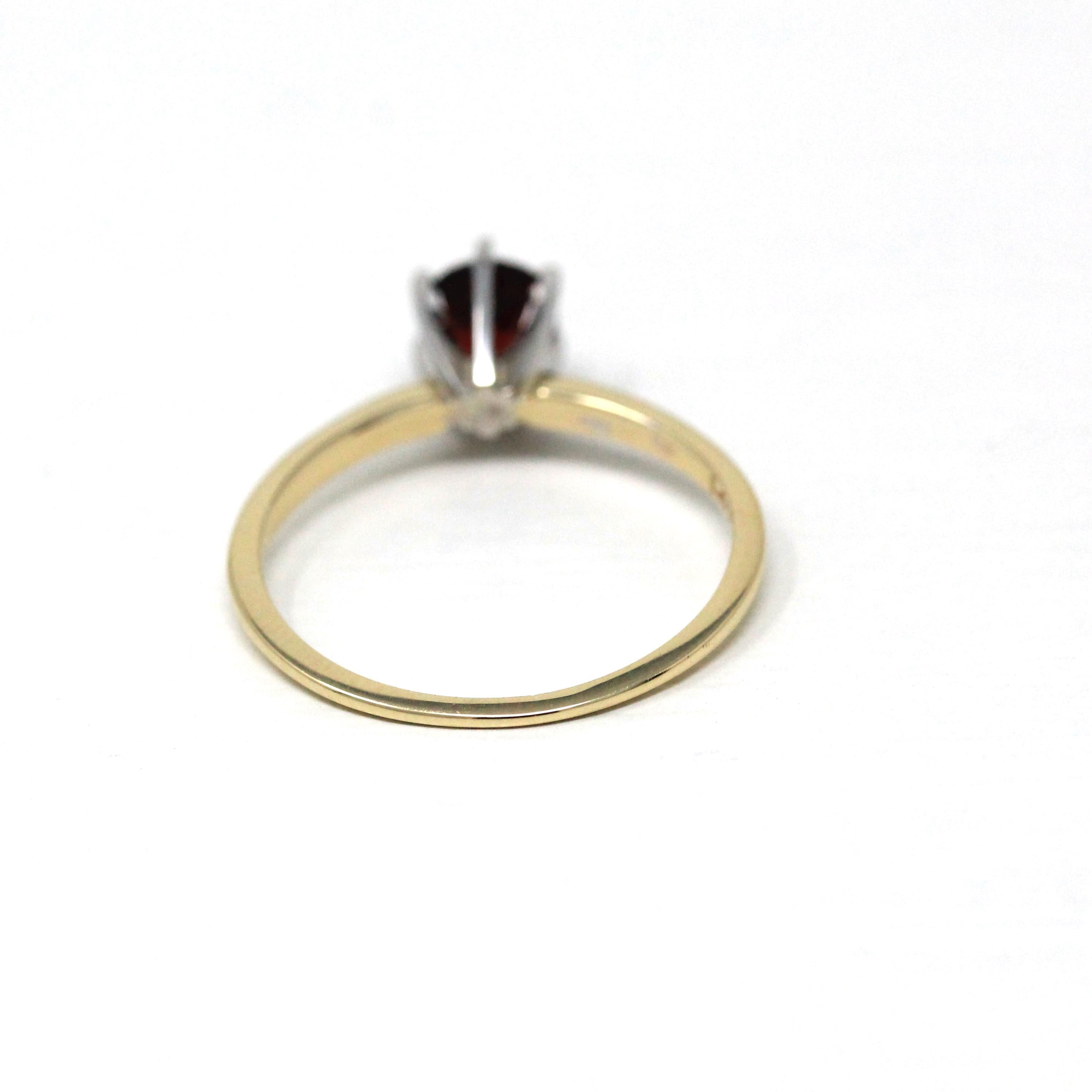 Genuine Garnet Ring - Modern 14k Yellow & White Gold Round Red Gemstone - Estate Circa 2000's Era Size 5 3/4 January Birthstone Fine Jewelry