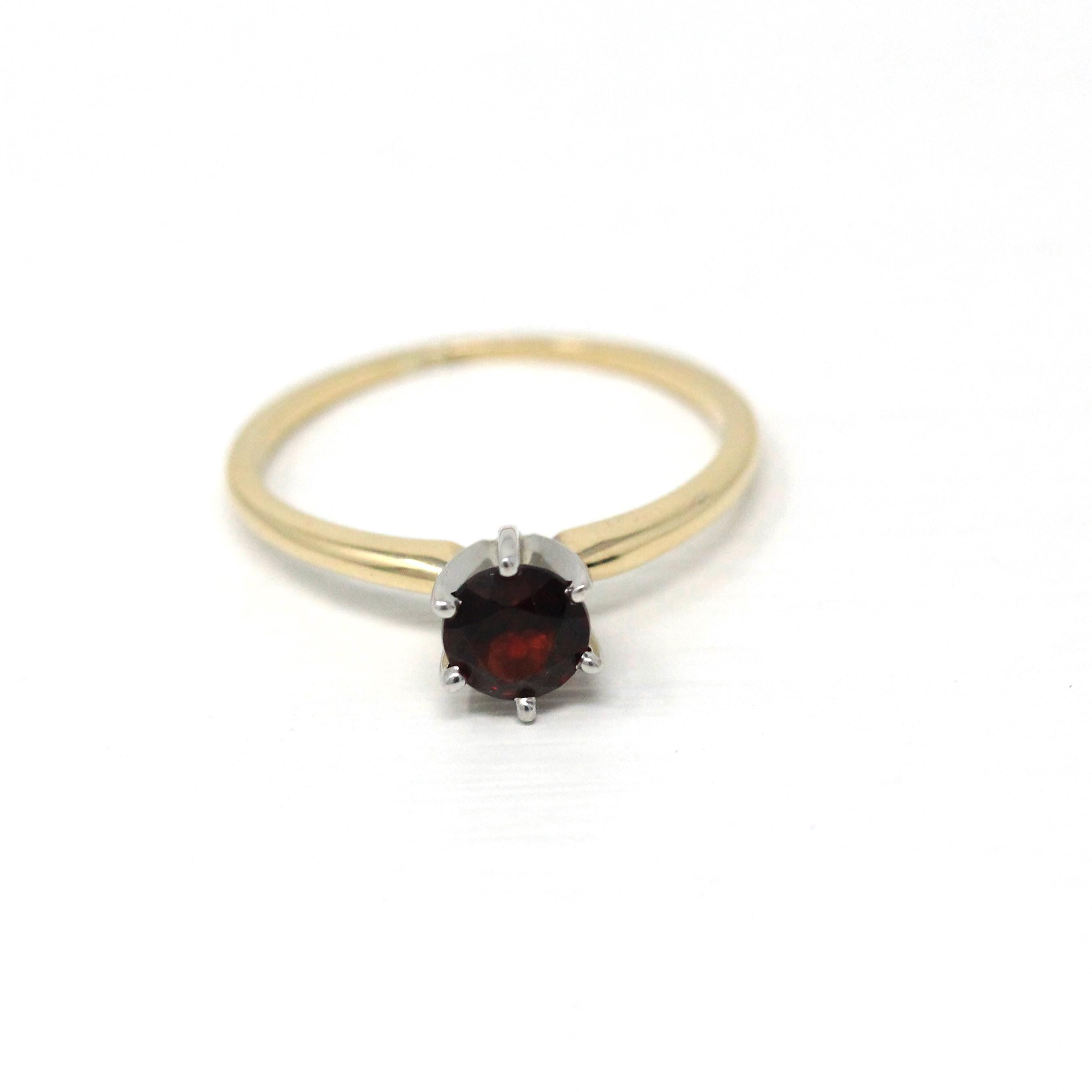 Genuine Garnet Ring - Modern 14k Yellow & White Gold Round Red Gemstone - Estate Circa 2000's Era Size 5 3/4 January Birthstone Fine Jewelry