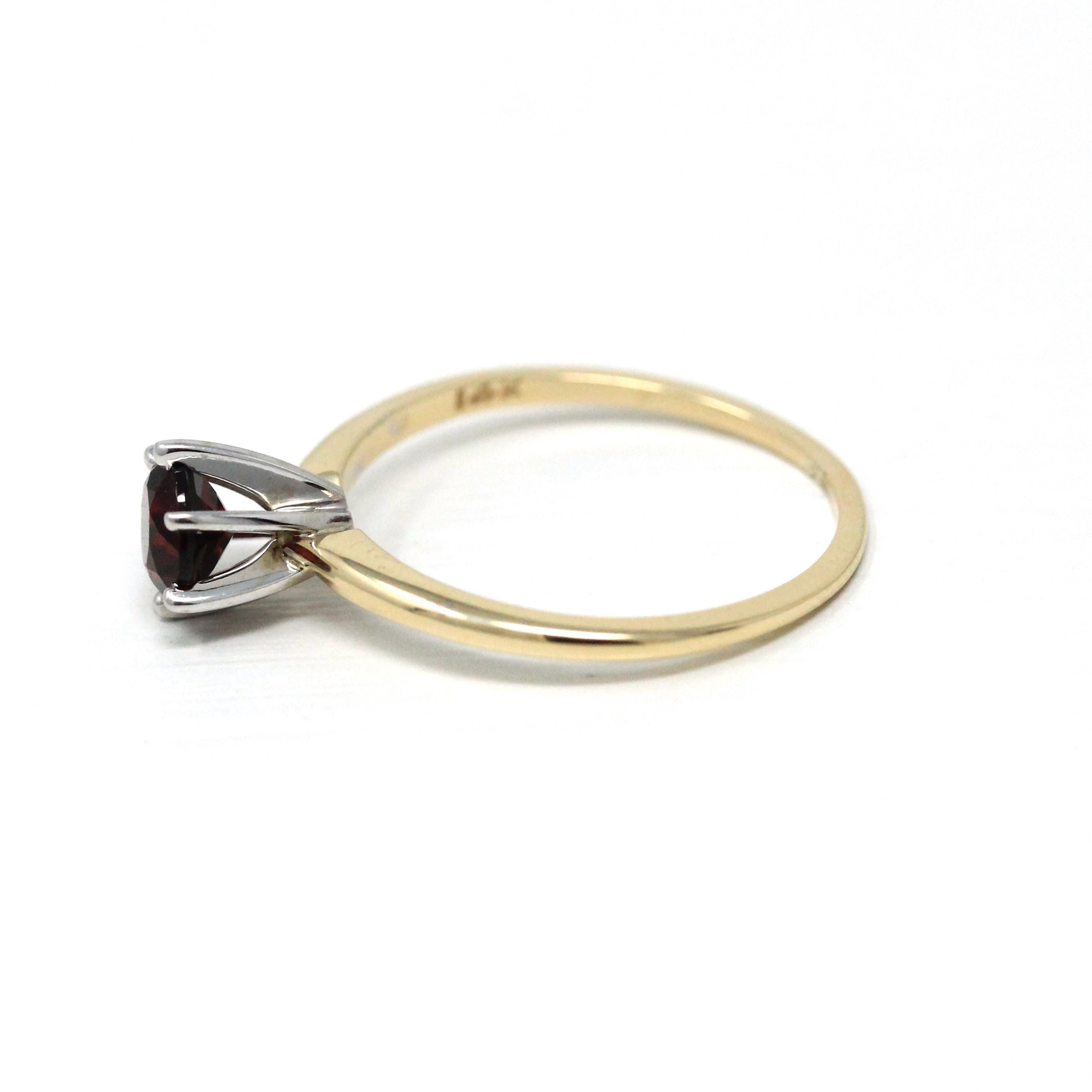 Genuine Garnet Ring - Modern 14k Yellow & White Gold Round Red Gemstone - Estate Circa 2000's Era Size 5 3/4 January Birthstone Fine Jewelry