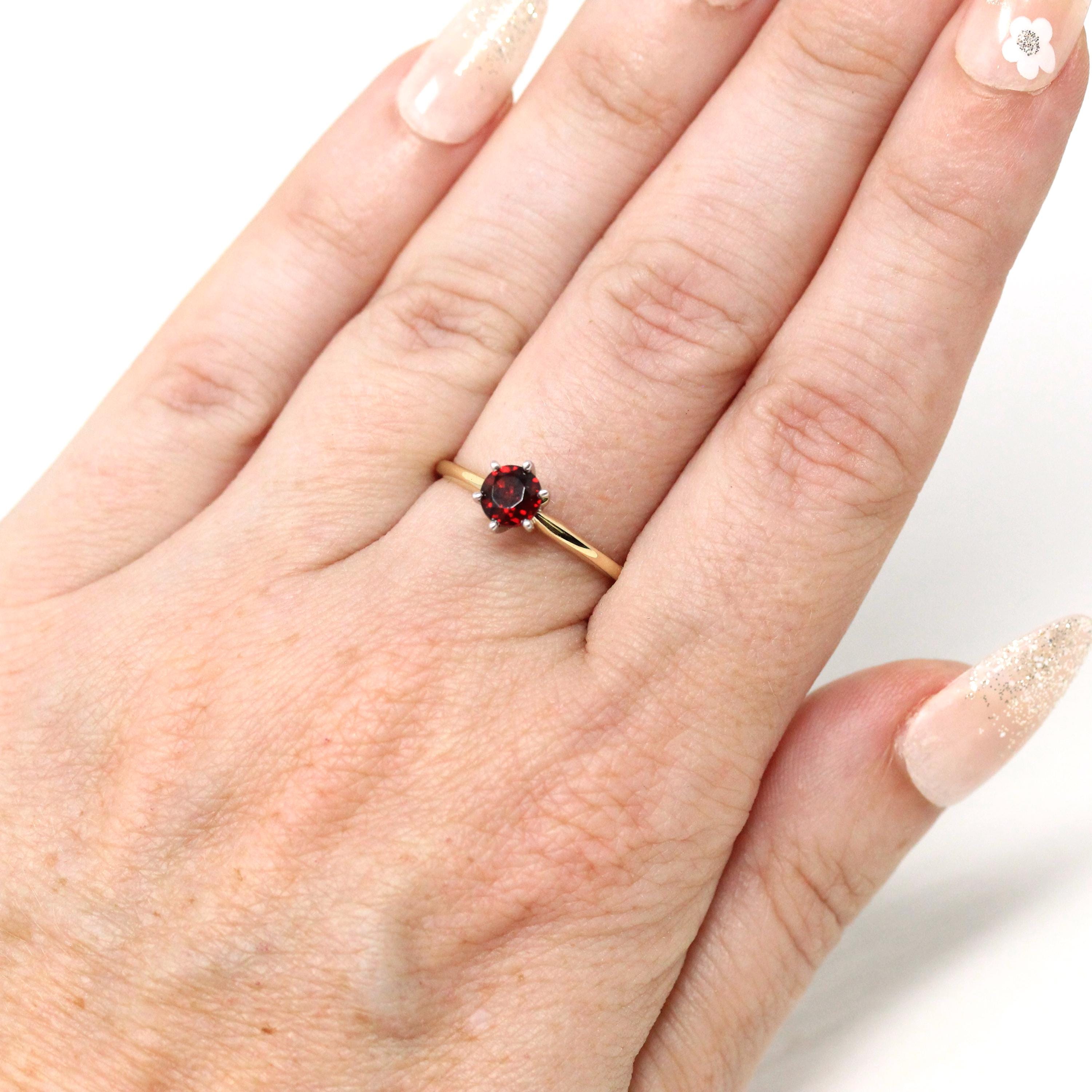 Genuine Garnet Ring - Modern 14k Yellow & White Gold Round Red Gemstone - Estate Circa 2000's Era Size 5 3/4 January Birthstone Fine Jewelry
