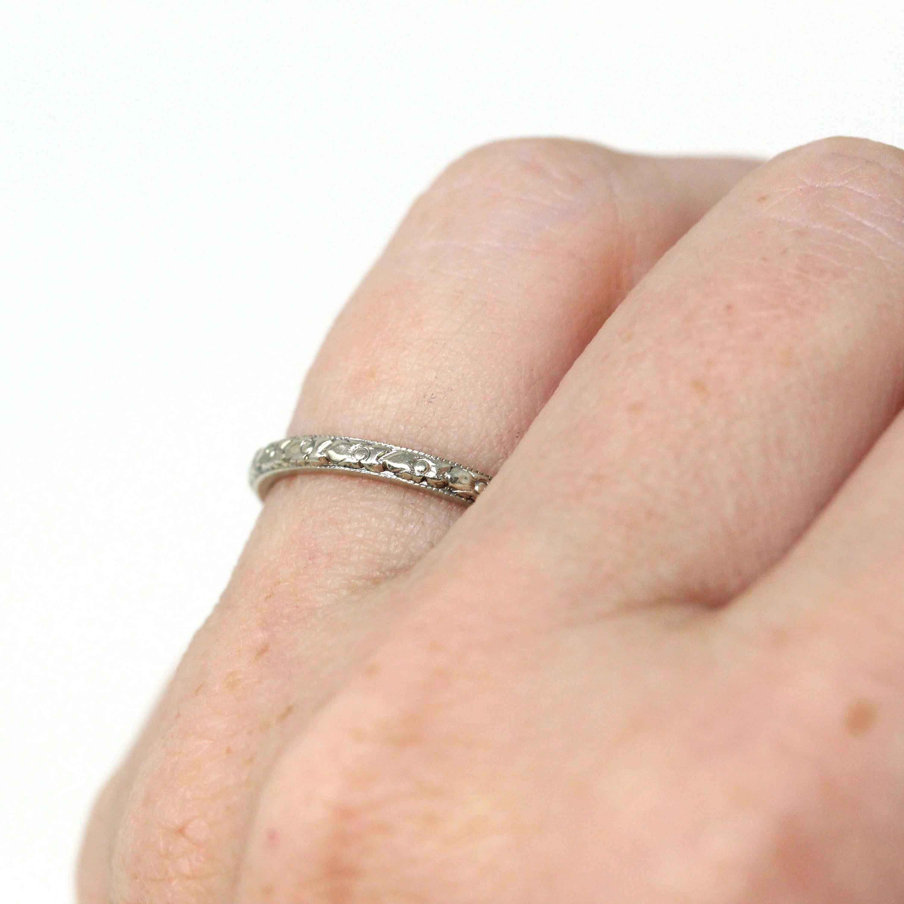 Art Deco Wedding Band - Vintage 18k White Gold Orange Blossom Eternity Ring - Vintage Circa 1930s Size 4 3/4 Bridal Fine Stacking Jewelry