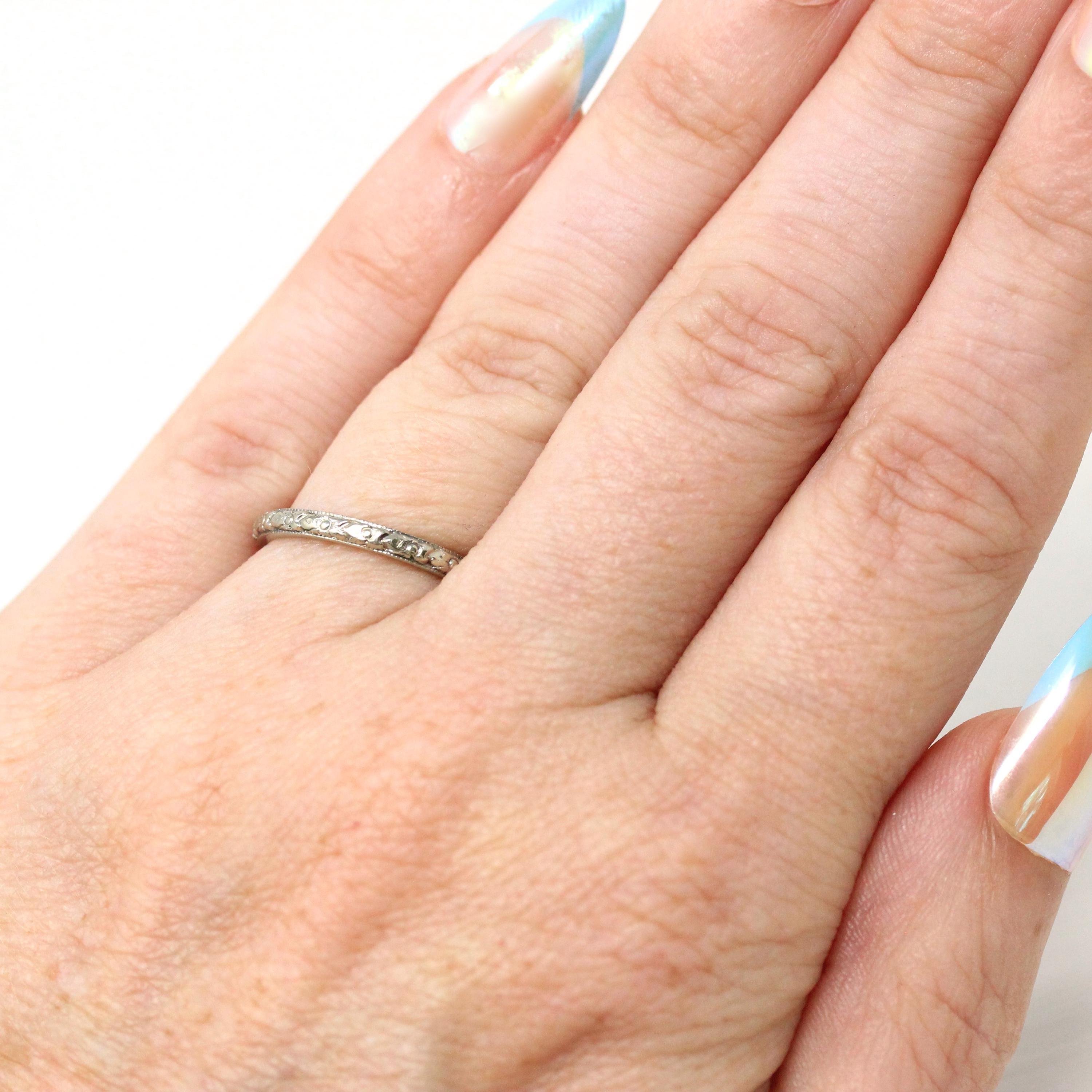 Art Deco Wedding Band - Vintage 18k White Gold Orange Blossom Eternity Ring - Vintage Circa 1930s Size 4 3/4 Bridal Fine Stacking Jewelry