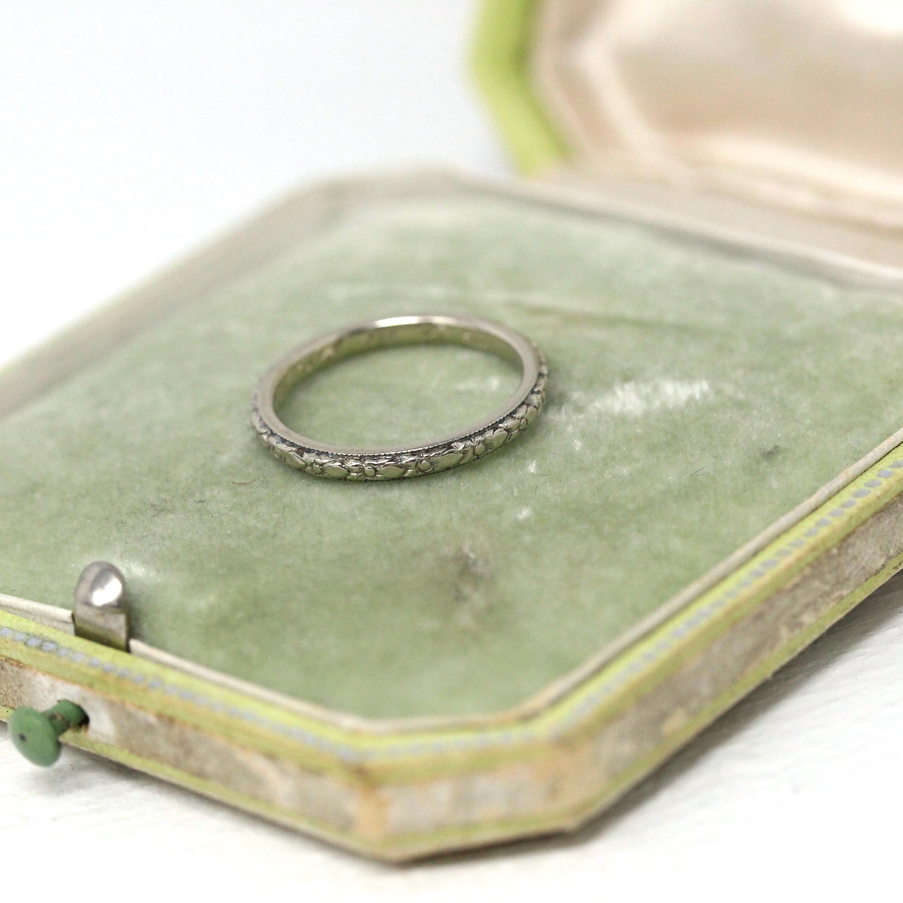 Art Deco Wedding Band - Vintage 18k White Gold Orange Blossom Eternity Ring - Vintage Circa 1930s Size 4 3/4 Bridal Fine Stacking Jewelry