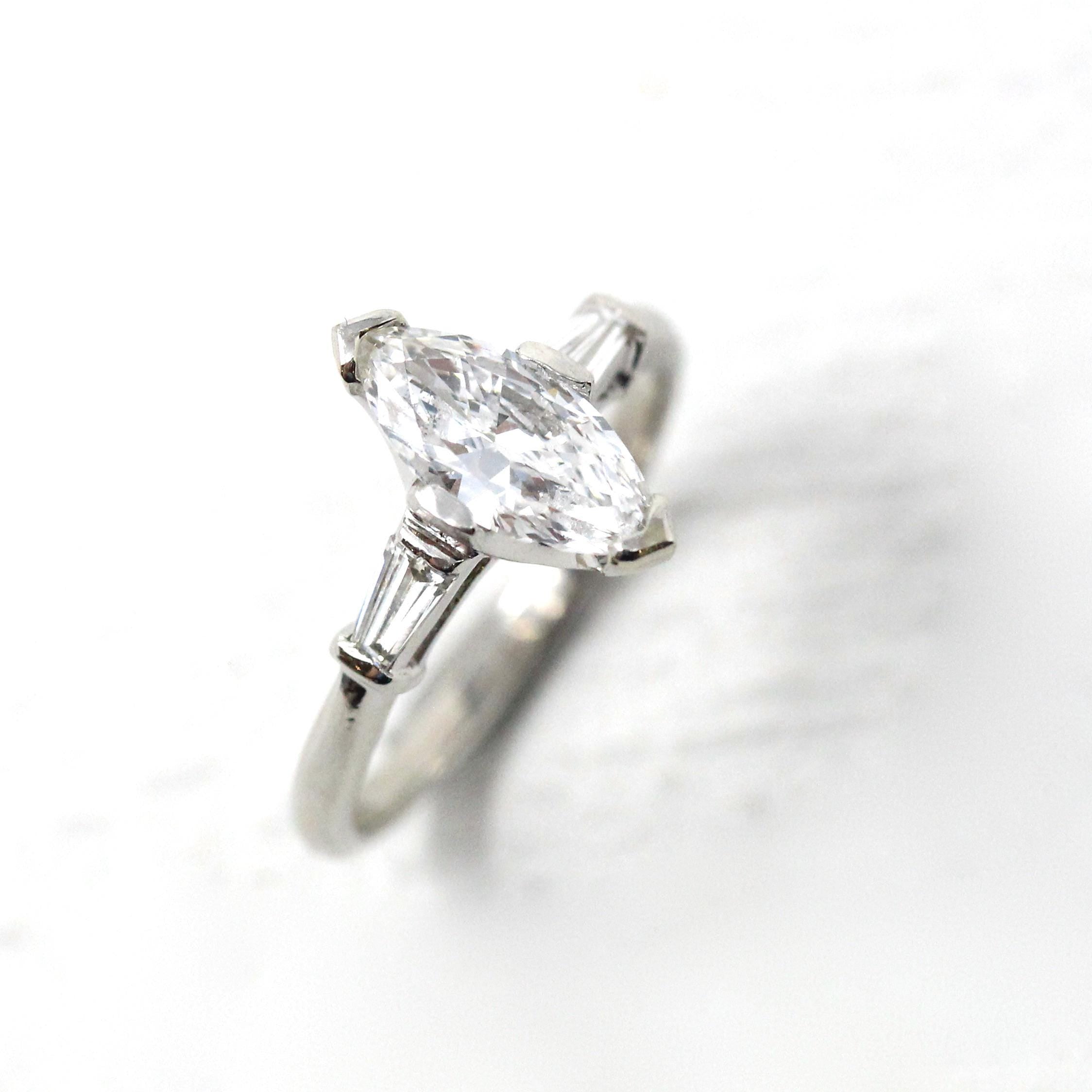Diamond Engagement Ring - Vintage Platinum Genuine Marquise & Baguette Diamond - Circa 50s Size 6 1/4 Three Stone Fine Bridal Report Jewelry