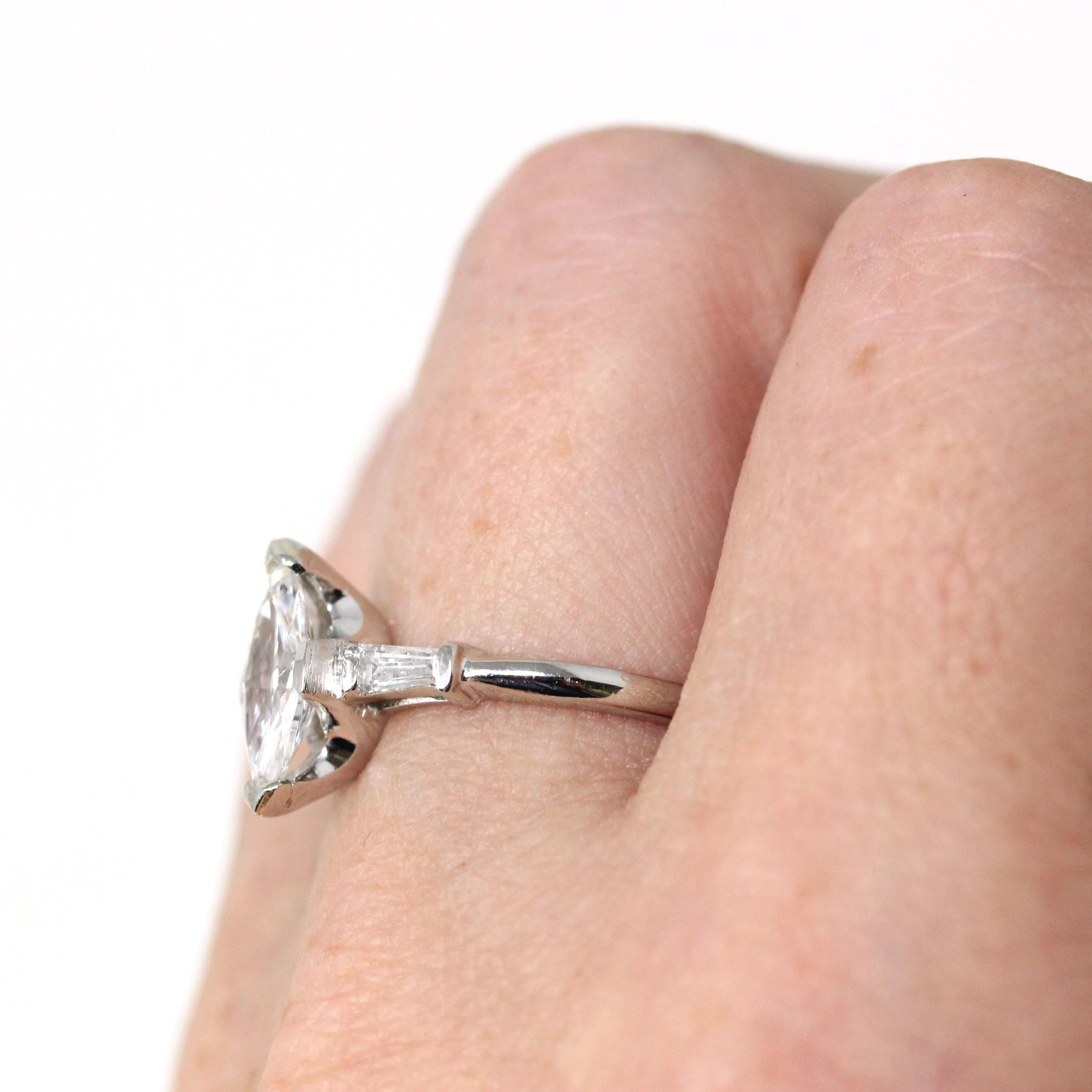 Diamond Engagement Ring - Vintage Platinum Genuine Marquise & Baguette Diamond - Circa 50s Size 6 1/4 Three Stone Fine Bridal Report Jewelry