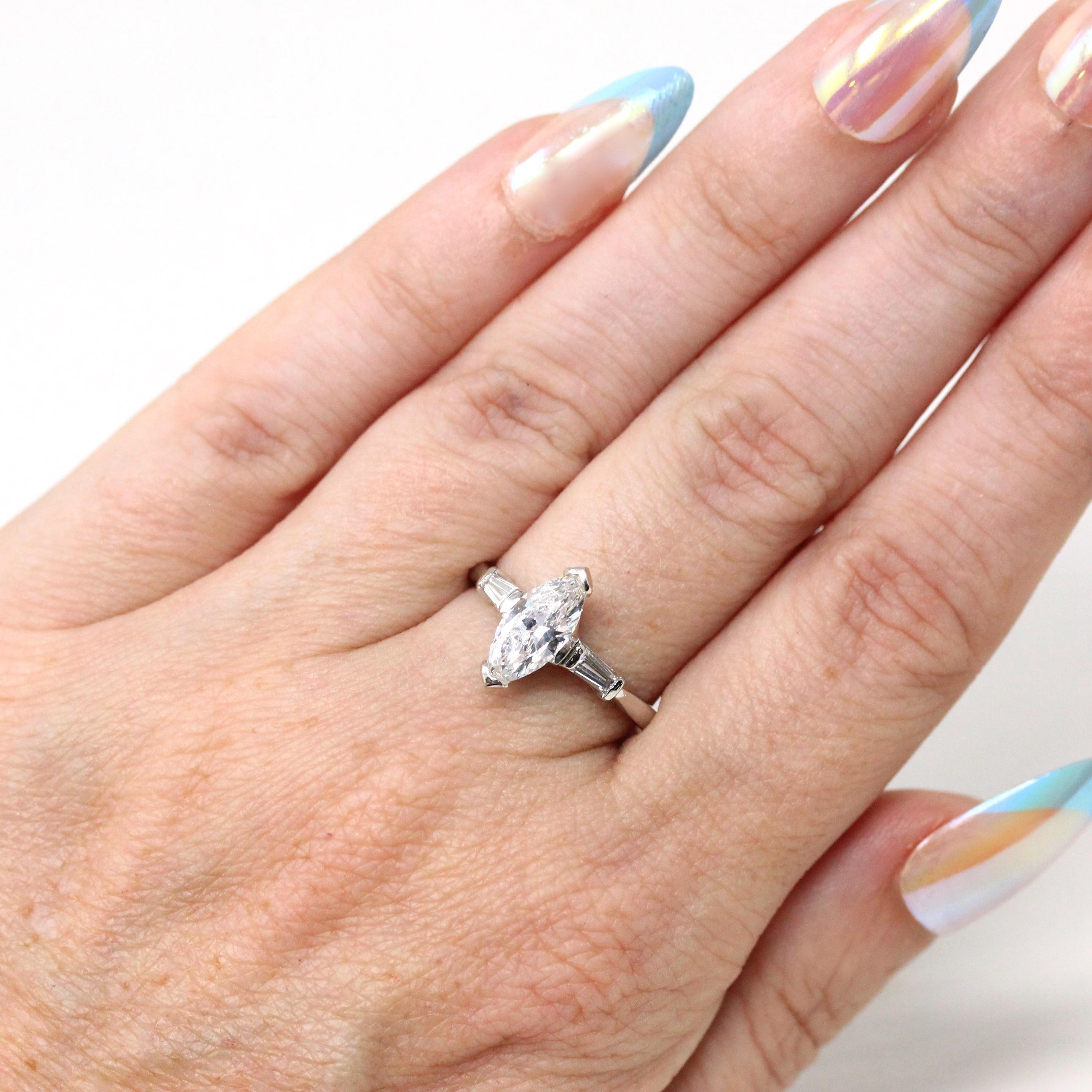 Diamond Engagement Ring - Vintage Platinum Genuine Marquise & Baguette Diamond - Circa 50s Size 6 1/4 Three Stone Fine Bridal Report Jewelry