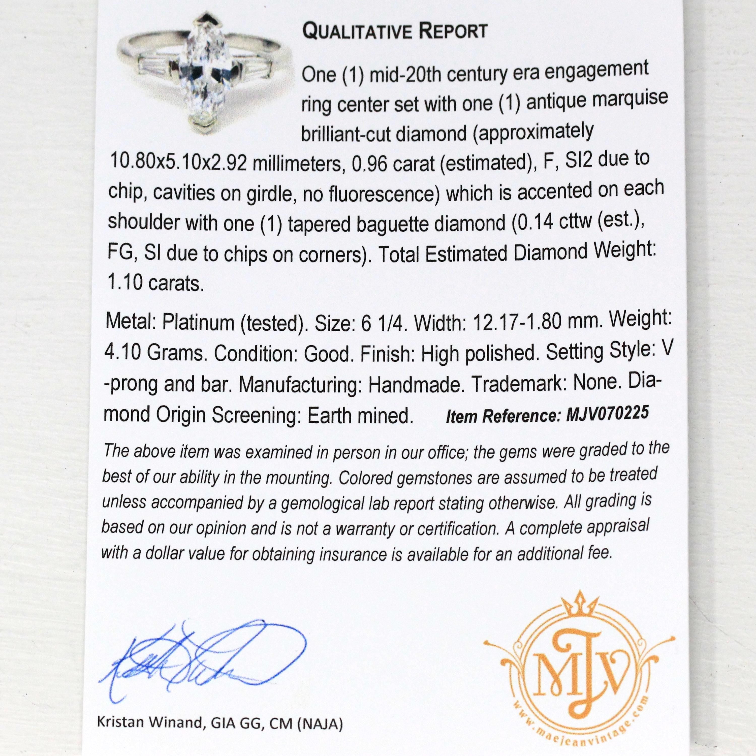 Diamond Engagement Ring - Vintage Platinum Genuine Marquise & Baguette Diamond - Circa 50s Size 6 1/4 Three Stone Fine Bridal Report Jewelry