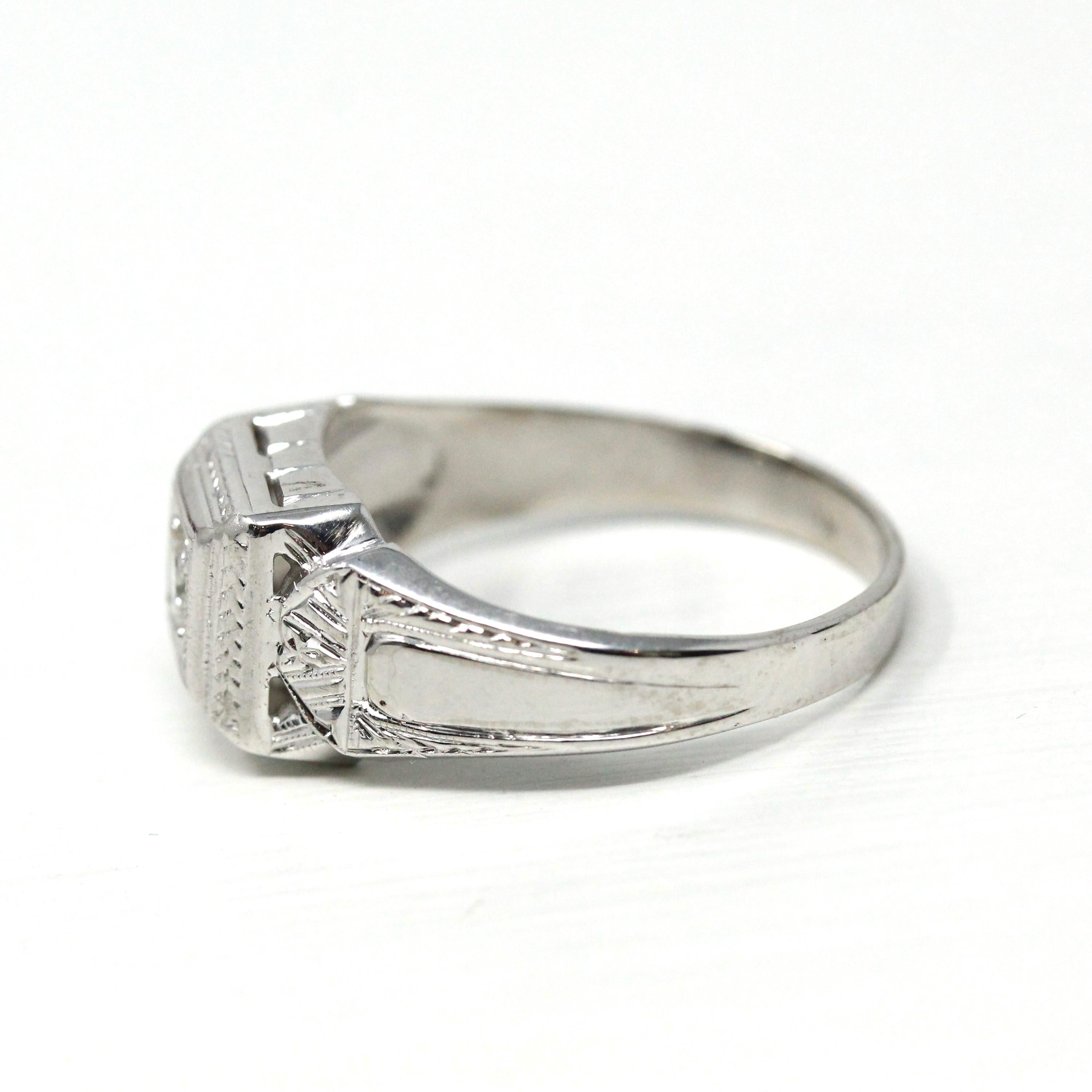 Genuine Diamond Ring - Art Deco 14k White Gold .25 CT Round Brilliant Cut - Vintage Circa 1930s Size 9 1/2 Unisex Engagement Fine Jewelry