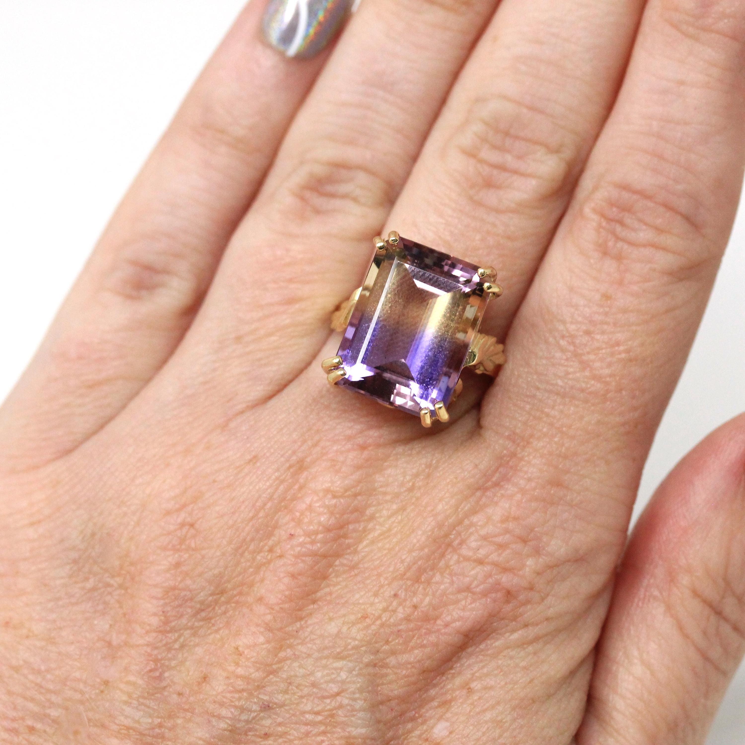 Genuine Ametrine Ring - 14k Yellow Gold Statement Rectangular Multi Color Gem - Modern 2000s Size 6 Purple Yellow Solitaire Fine Y2K Jewelry