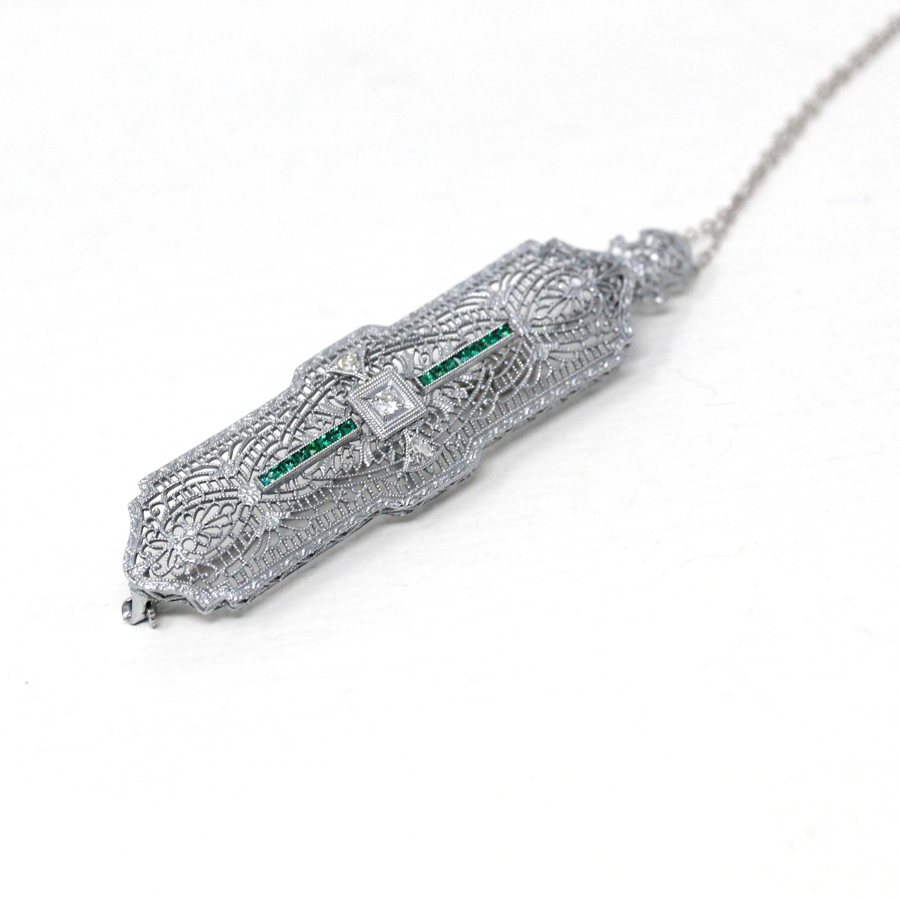 Art Deco Necklace - Vintage 14k White Gold Flower Filigree Diamond Simulated Emerald Pendant - Circa 1930s Brooch Conversion Fine Jewelry
