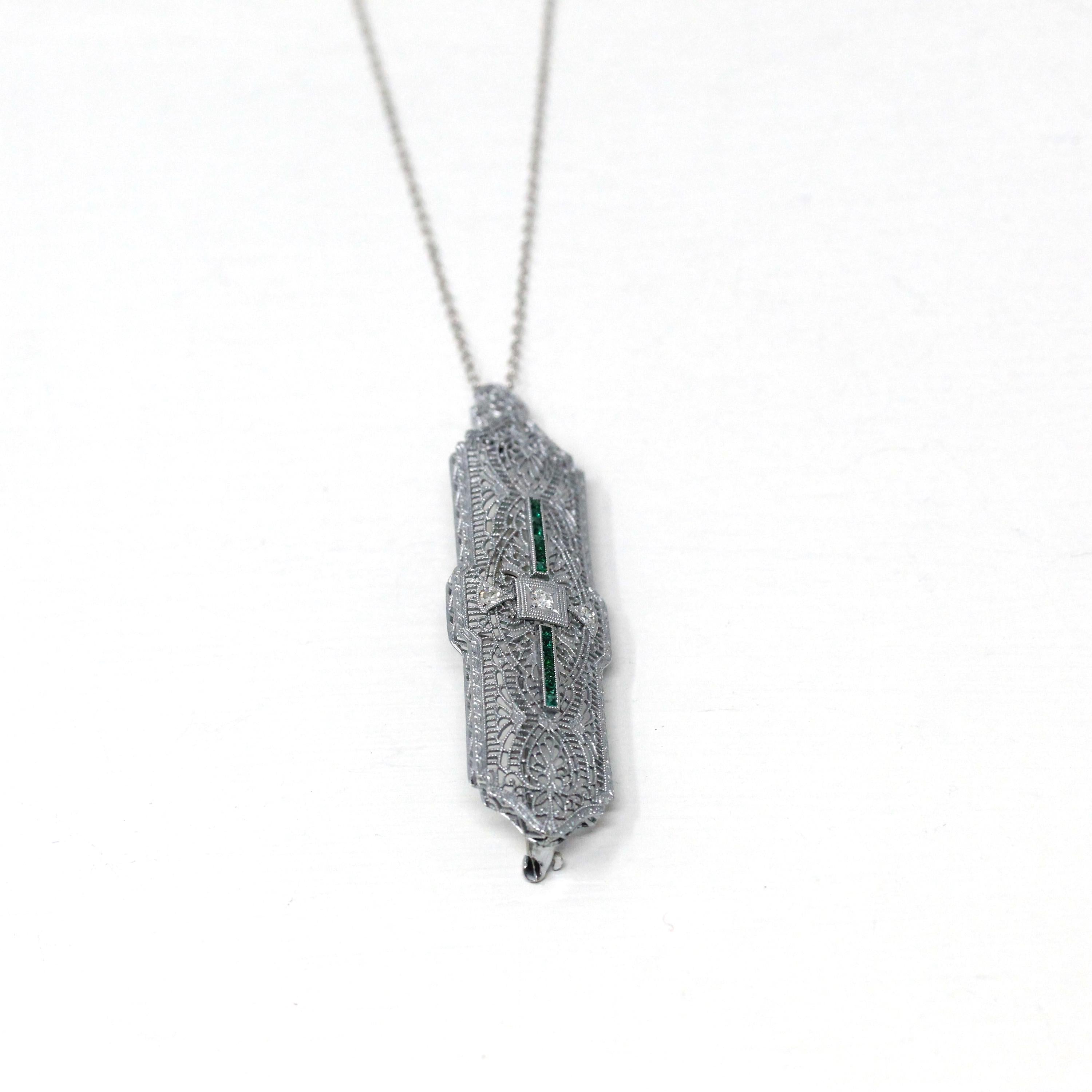 Art Deco Necklace - Vintage 14k White Gold Flower Filigree Diamond Simulated Emerald Pendant - Circa 1930s Brooch Conversion Fine Jewelry