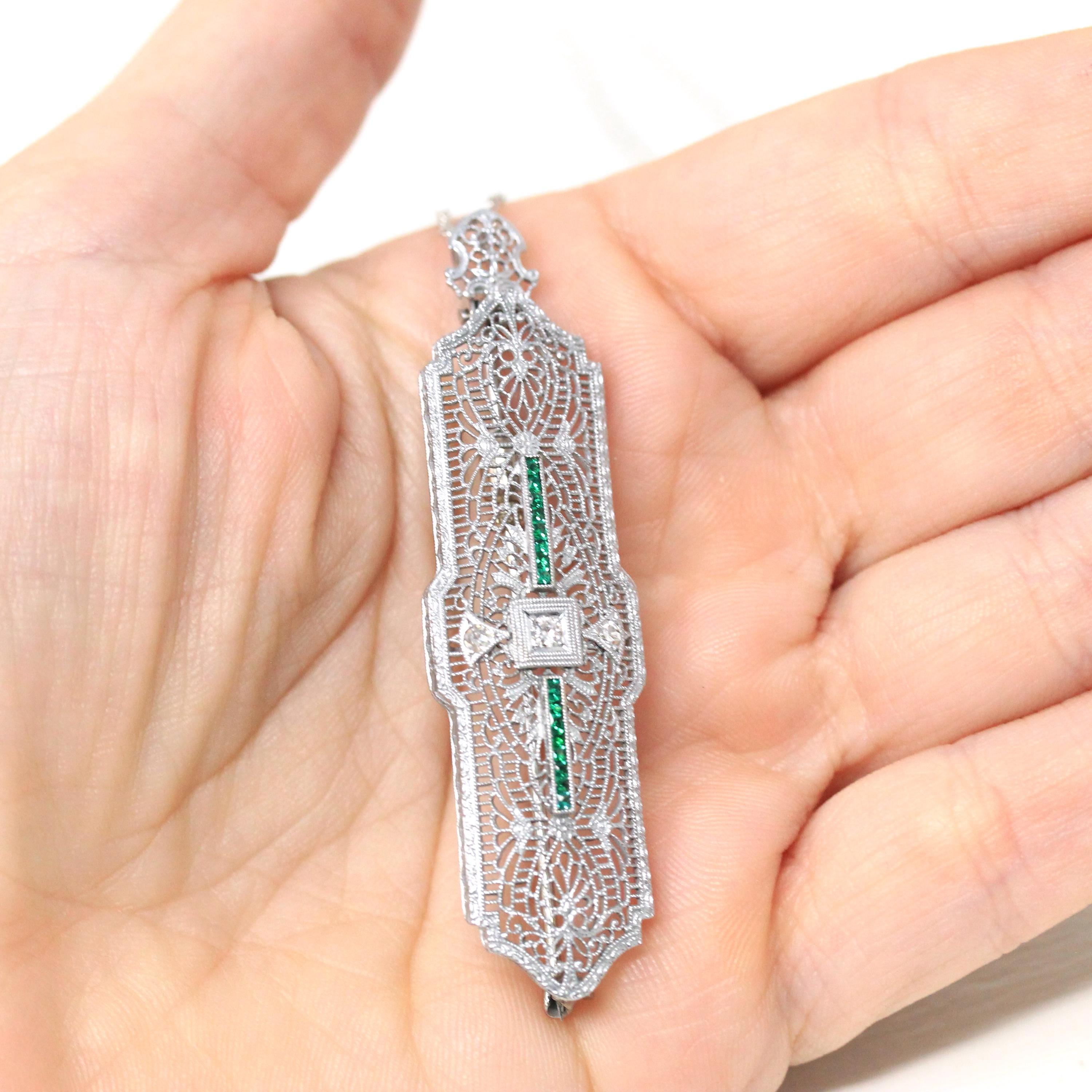 Art Deco Necklace - Vintage 14k White Gold Flower Filigree Diamond Simulated Emerald Pendant - Circa 1930s Brooch Conversion Fine Jewelry