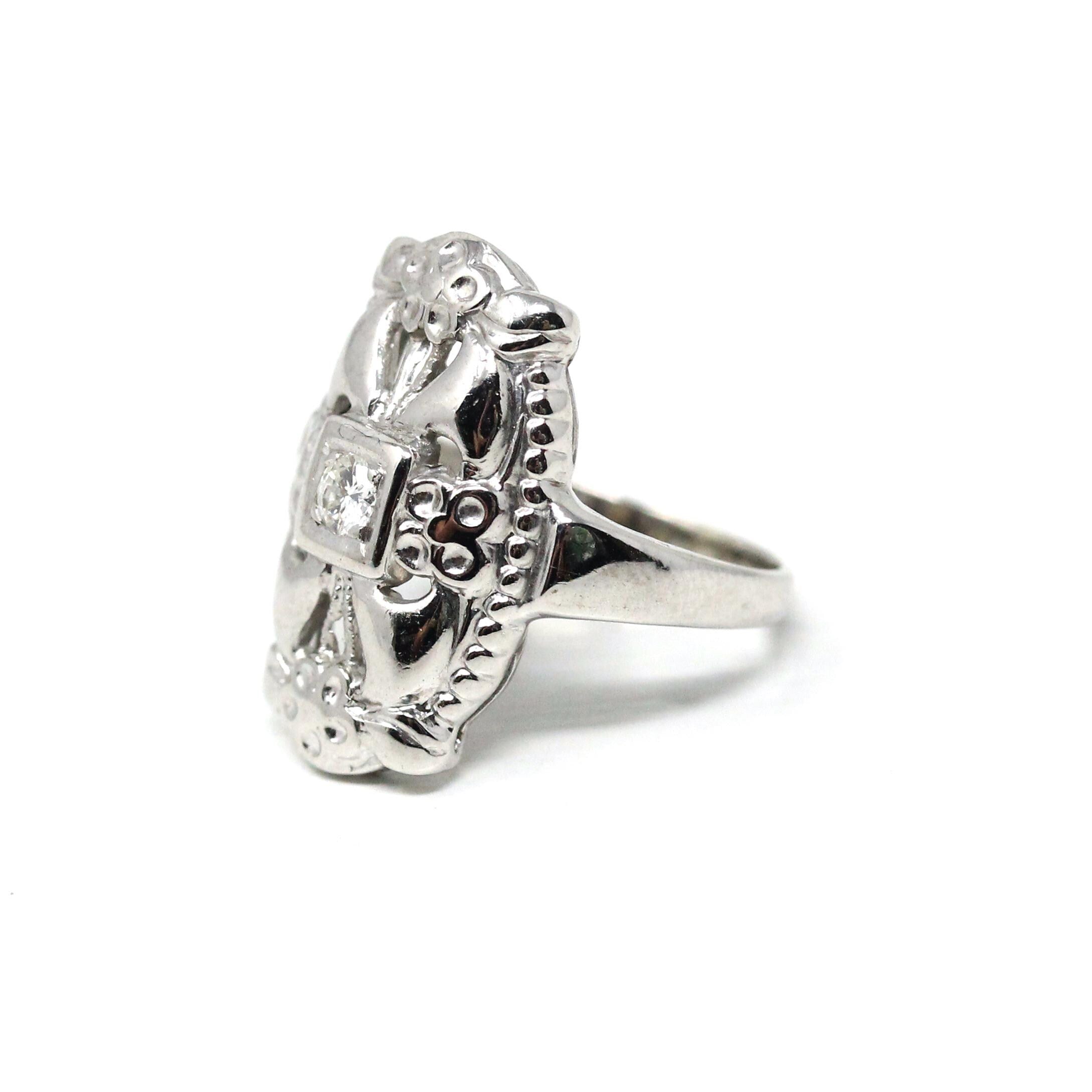 Mid Century Shield Ring - Vintage 14k White Gold Genuine .08 CT Diamond Gemstone - Circa 1950s Era Size 3 Floral Open Metal Fine Jewelry