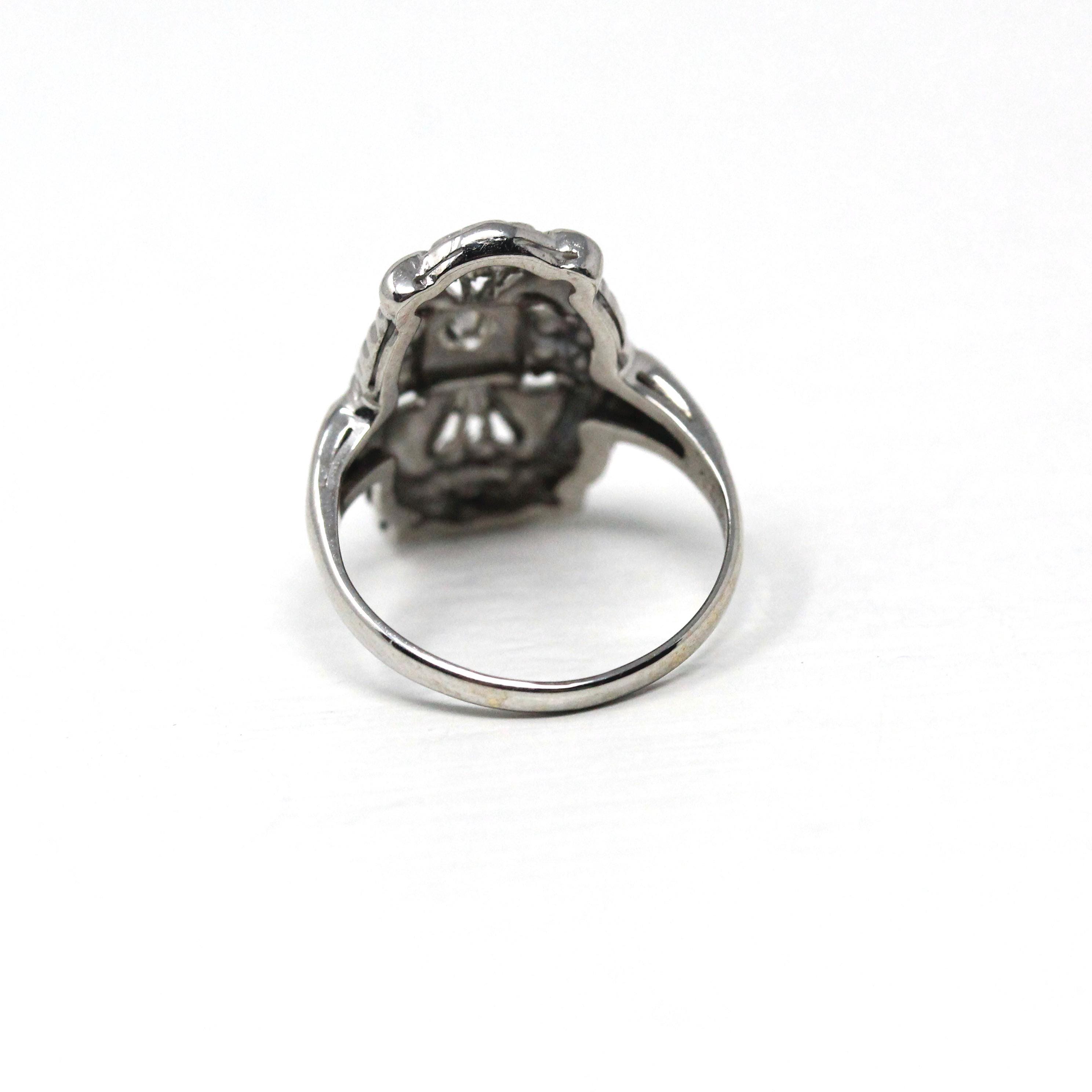 Mid Century Shield Ring - Vintage 14k White Gold Genuine .08 CT Diamond Gemstone - Circa 1950s Era Size 3 Floral Open Metal Fine Jewelry