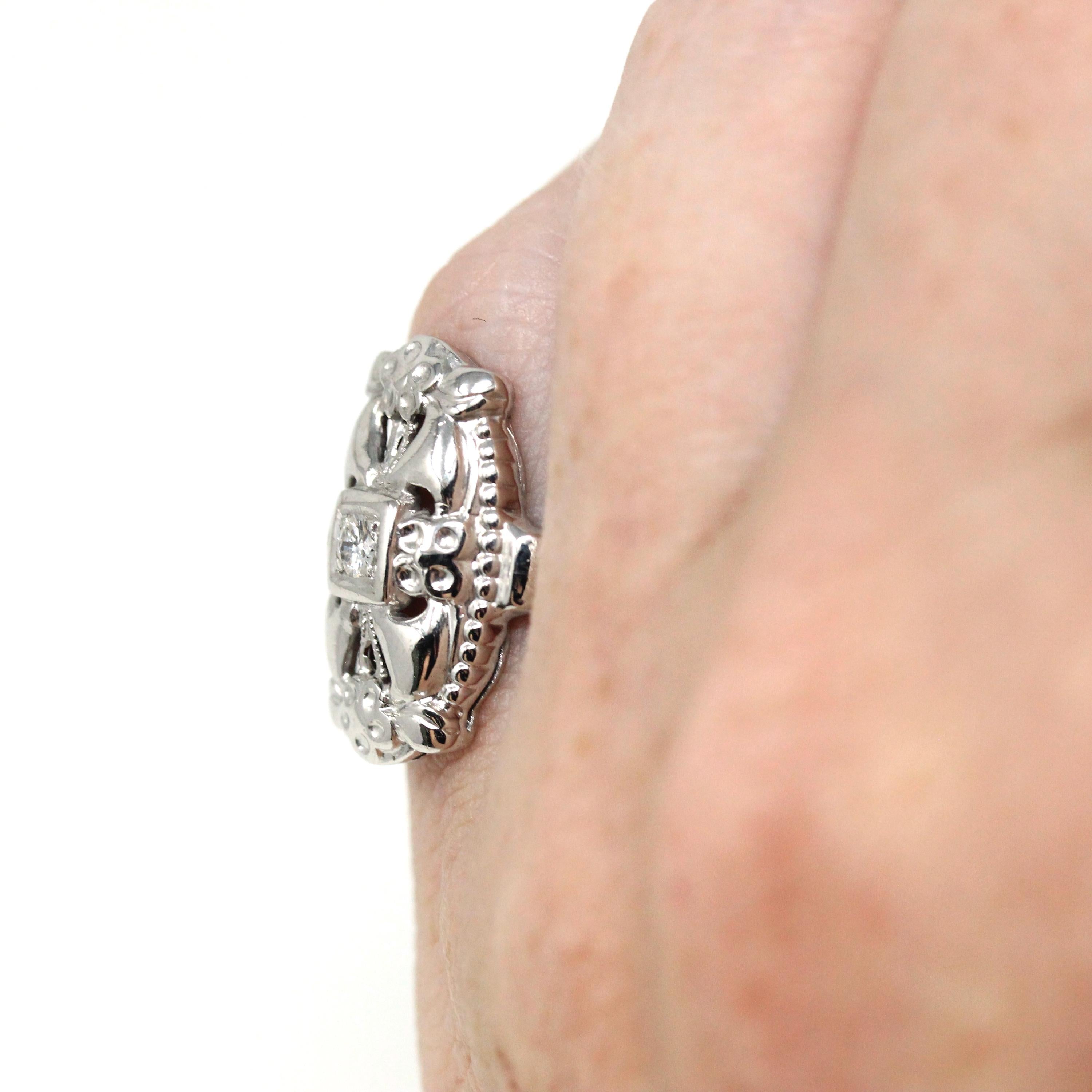 Mid Century Shield Ring - Vintage 14k White Gold Genuine .08 CT Diamond Gemstone - Circa 1950s Era Size 3 Floral Open Metal Fine Jewelry