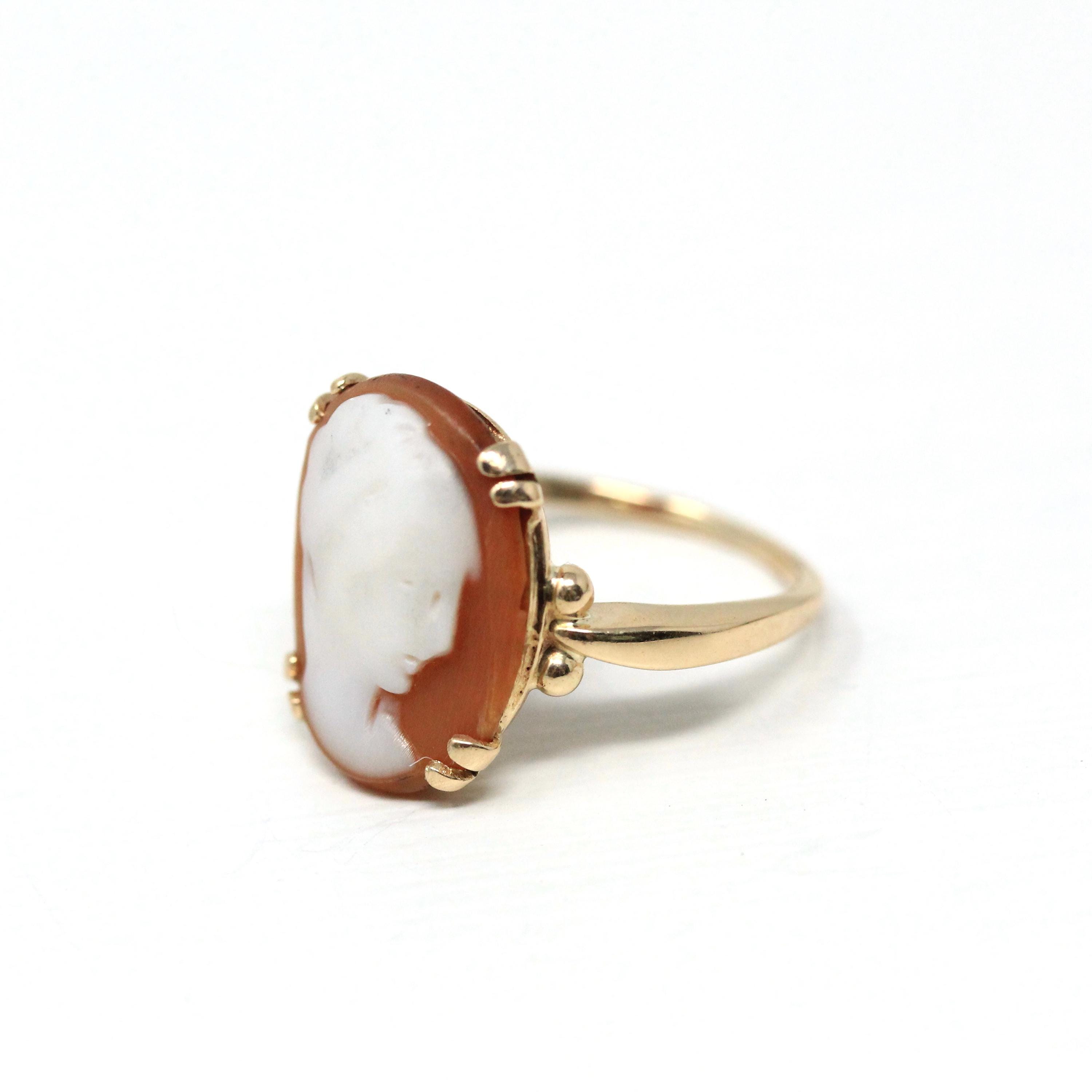 Vintage Cameo Ring - Retro 14k Yellow Gold Carved Shell Woman's Profile Silhouette - Circa 1970s Era Size 4 1/4 Statement Fine 70s Jewelry