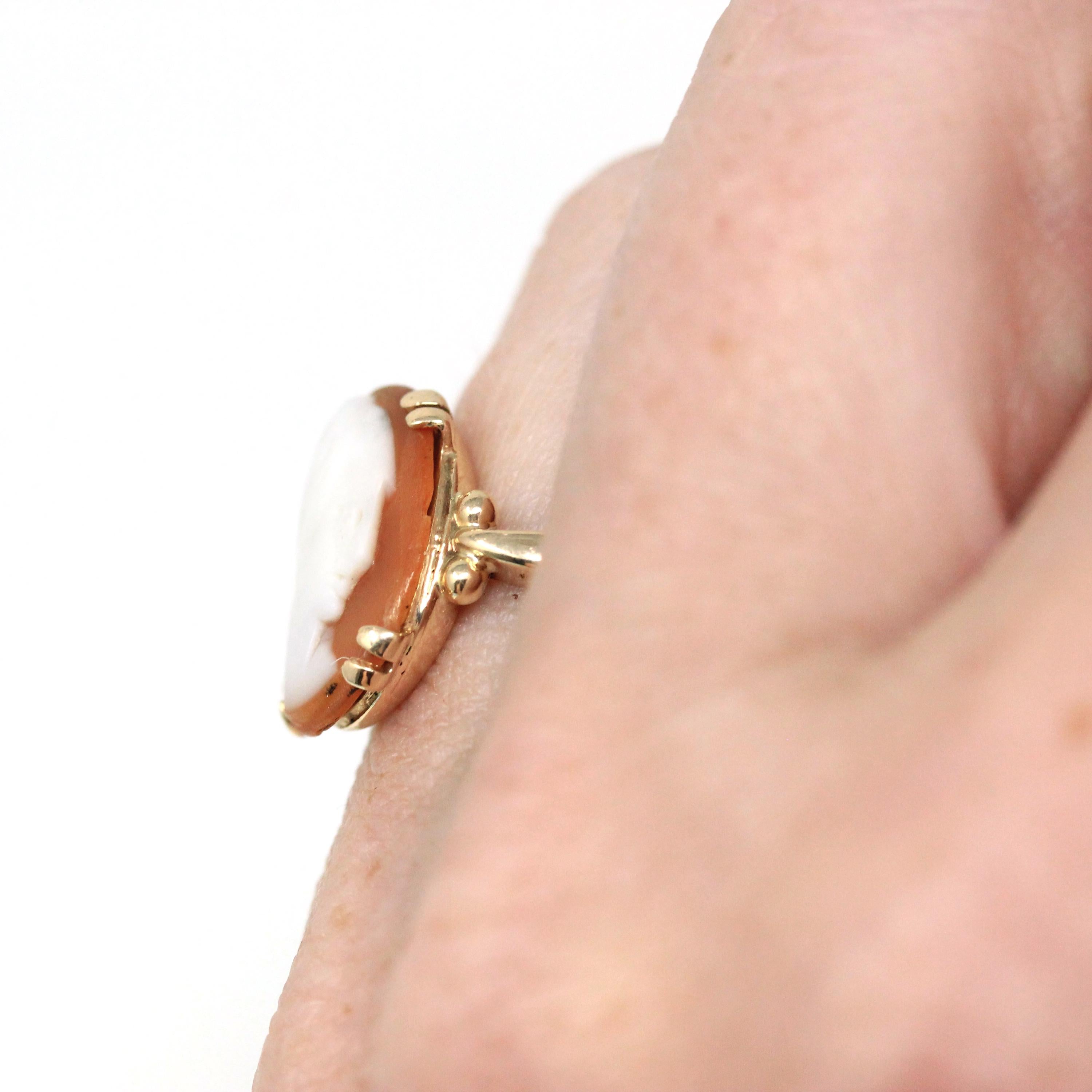 Vintage Cameo Ring - Retro 14k Yellow Gold Carved Shell Woman's Profile Silhouette - Circa 1970s Era Size 4 1/4 Statement Fine 70s Jewelry