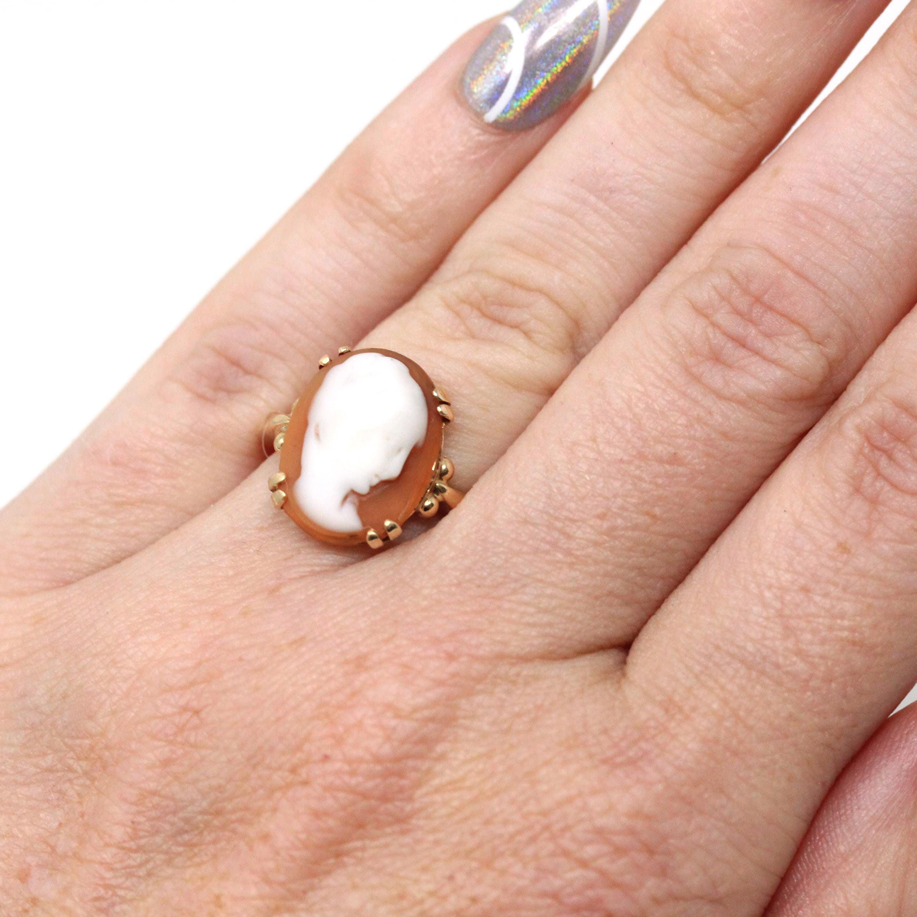 Vintage Cameo Ring - Retro 14k Yellow Gold Carved Shell Woman's Profile Silhouette - Circa 1970s Era Size 4 1/4 Statement Fine 70s Jewelry