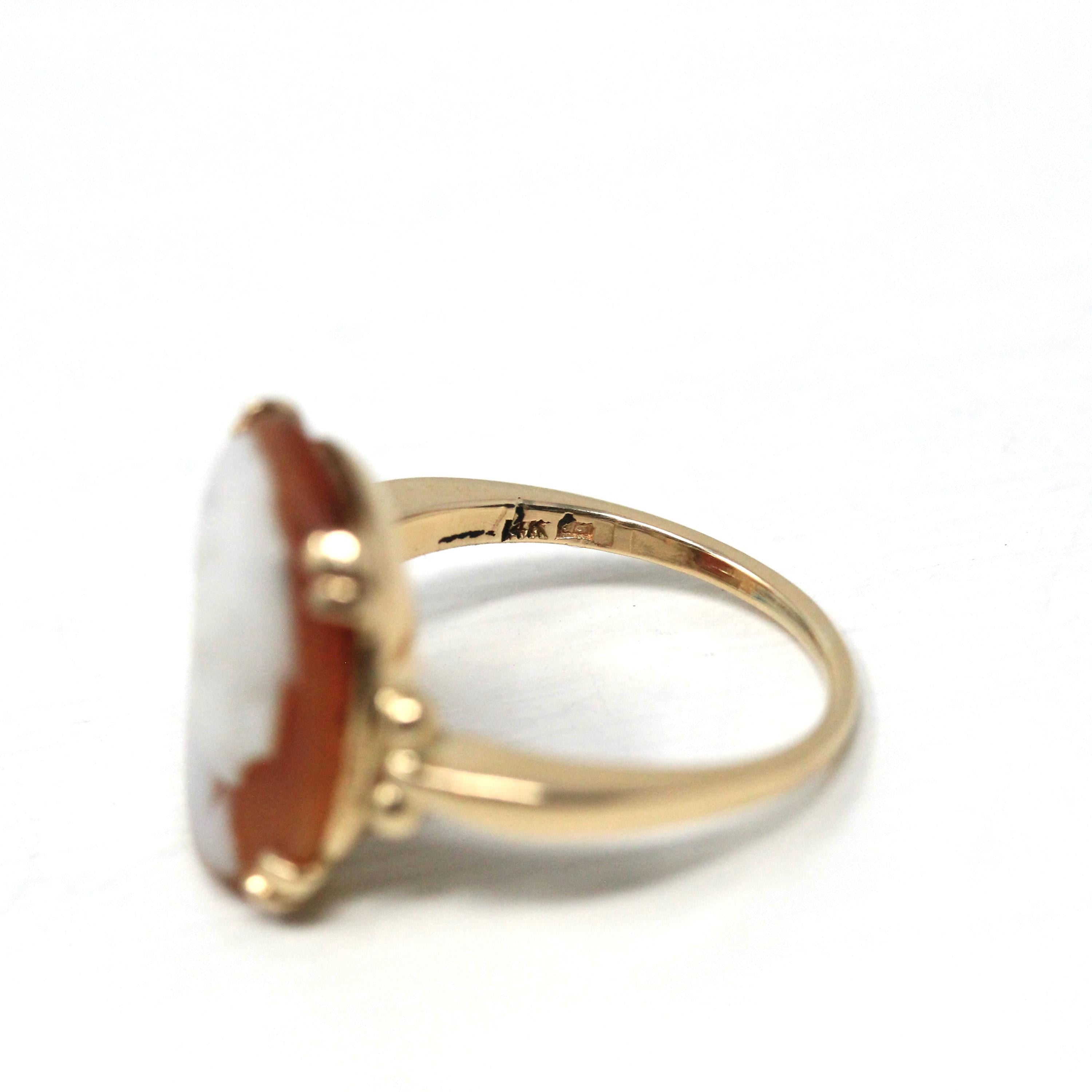 Vintage Cameo Ring - Retro 14k Yellow Gold Carved Shell Woman's Profile Silhouette - Circa 1970s Era Size 4 1/4 Statement Fine 70s Jewelry