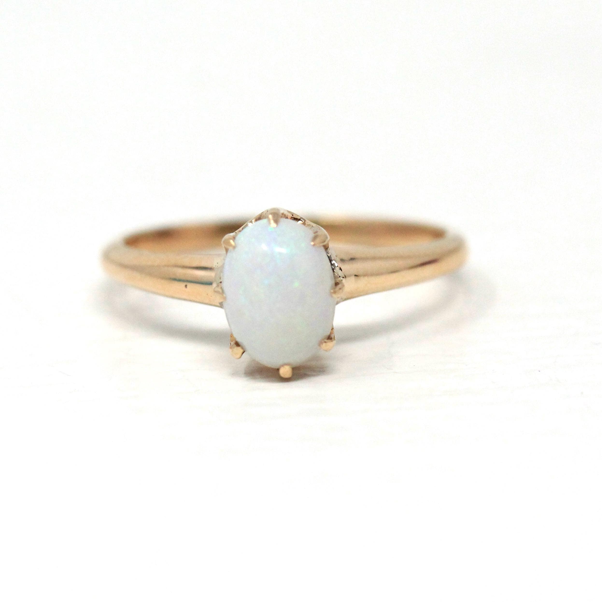 Edwardian Opal Ring - Antique 10k Yellow Gold Oval Cabochon Cut Gemstone - Vintage Circa 1910s Era Size 5 October Birthstone Fine Jewelry