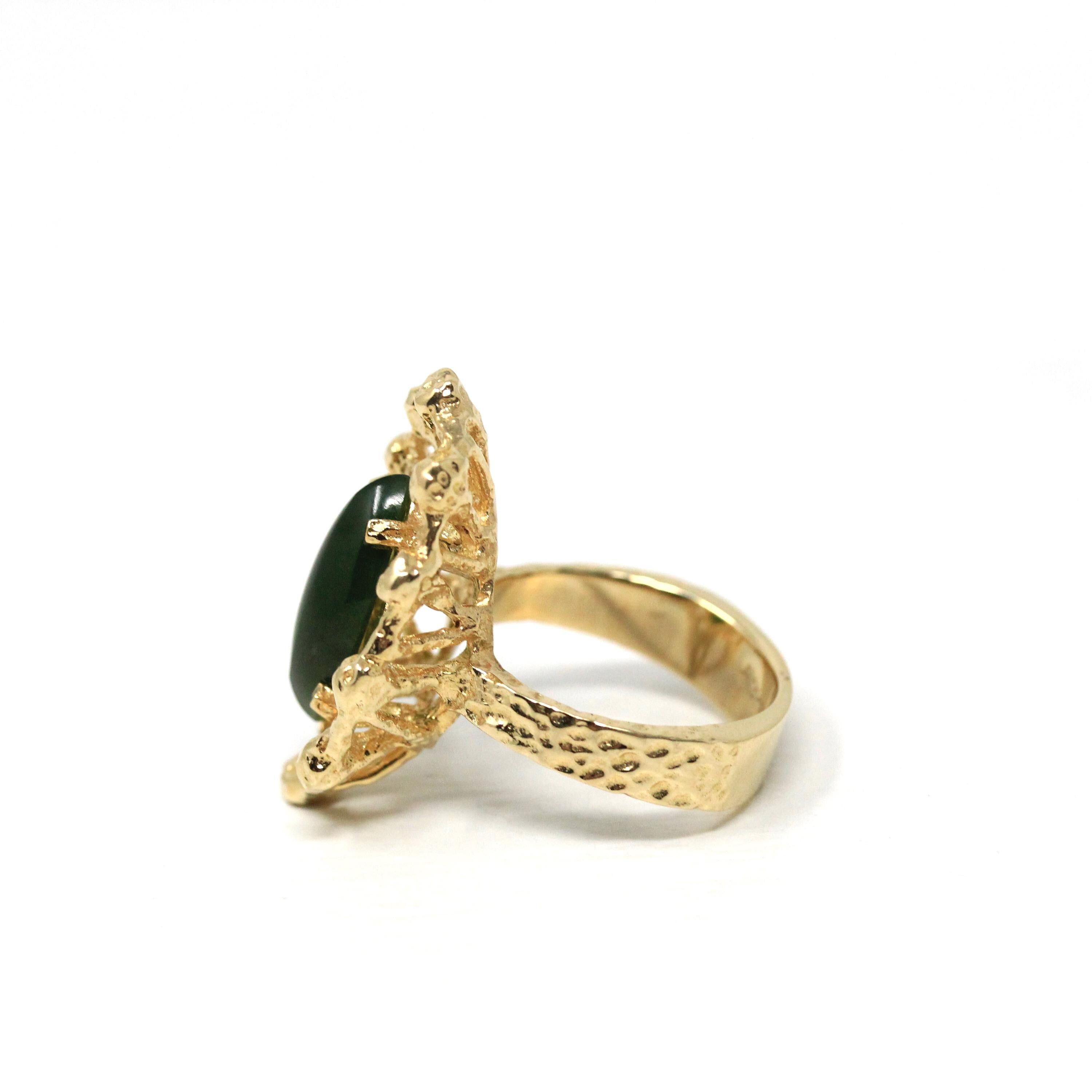 Nephrite Jade Ring - Retro 10k Yellow Gold Marquise Cut Genuine Green Gem 70s Statement - Vintage Circa 1970s Size 6 Textured Fine Jewelry