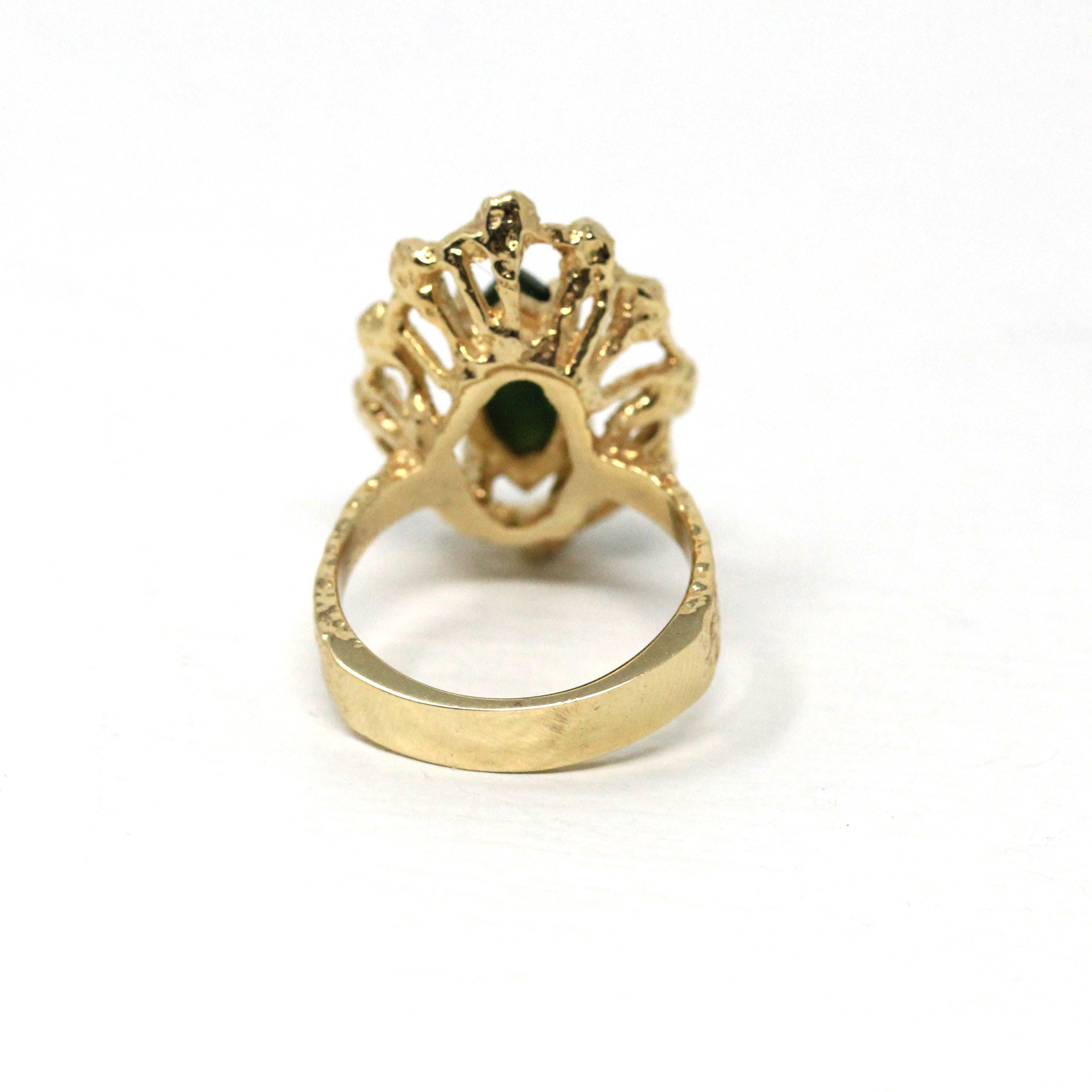 Nephrite Jade Ring - Retro 10k Yellow Gold Marquise Cut Genuine Green Gem 70s Statement - Vintage Circa 1970s Size 6 Textured Fine Jewelry