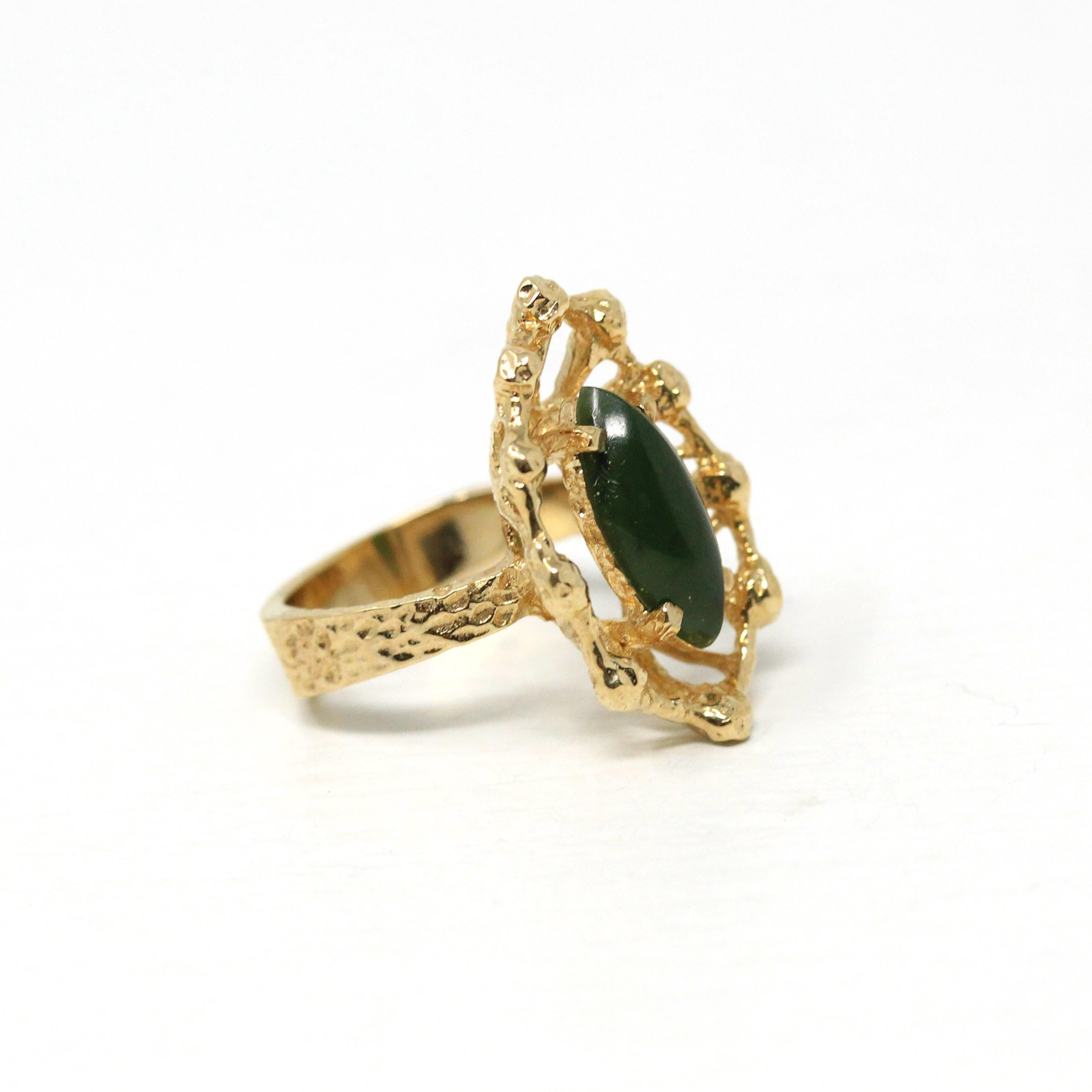 Nephrite Jade Ring - Retro 10k Yellow Gold Marquise Cut Genuine Green Gem 70s Statement - Vintage Circa 1970s Size 6 Textured Fine Jewelry